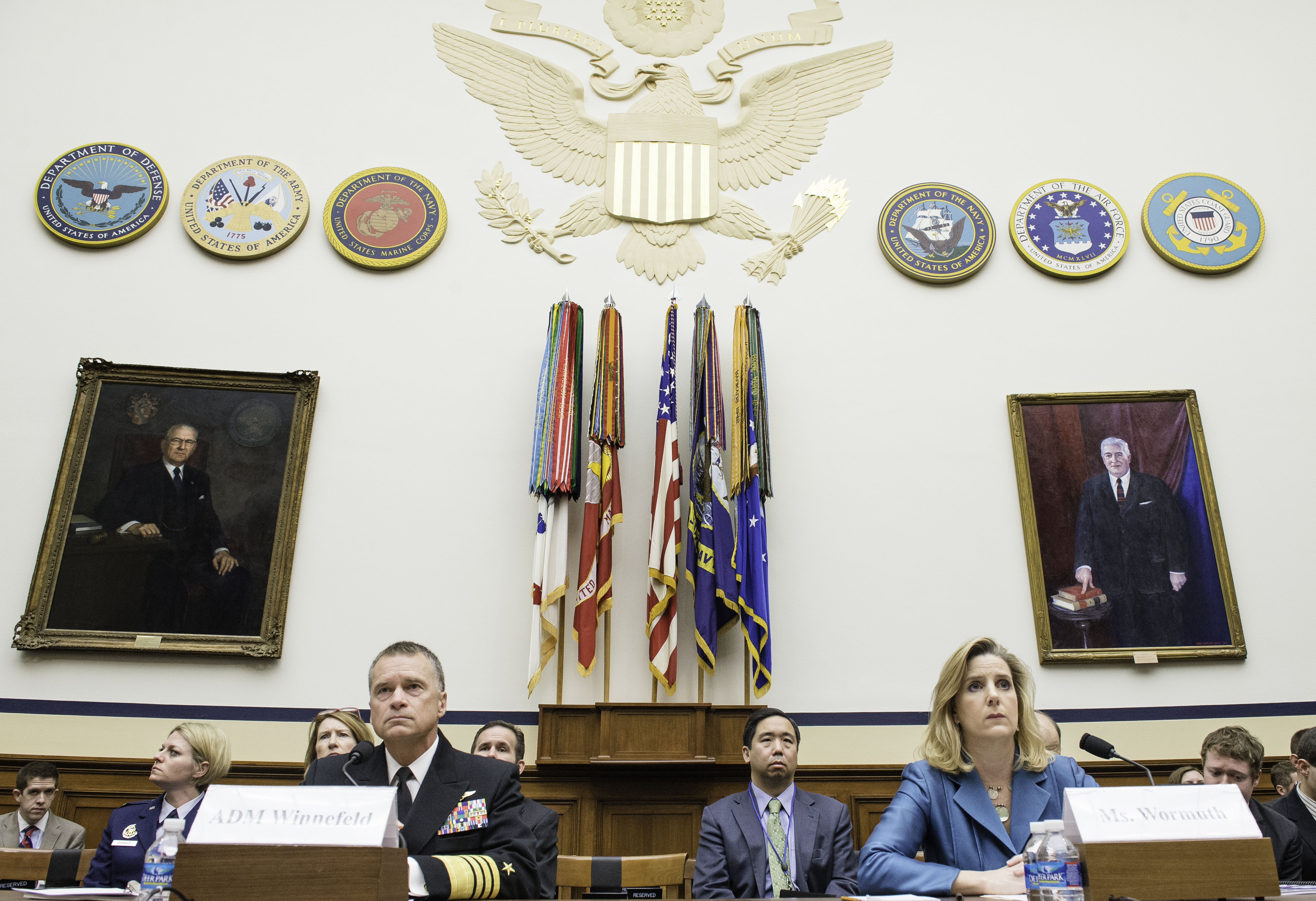 Navy Adm. James A. Winnefeld Jr., vice chairman of the Joint Chiefs of Staff, and Christine E. Wormuth, deputy undersecretary of defense for strategy, plans and force development, testify before the House Armed Services Committee on the 2014 Quadrennial Defense Review in Washington, D.C., April 3, 2014. DOD Photo