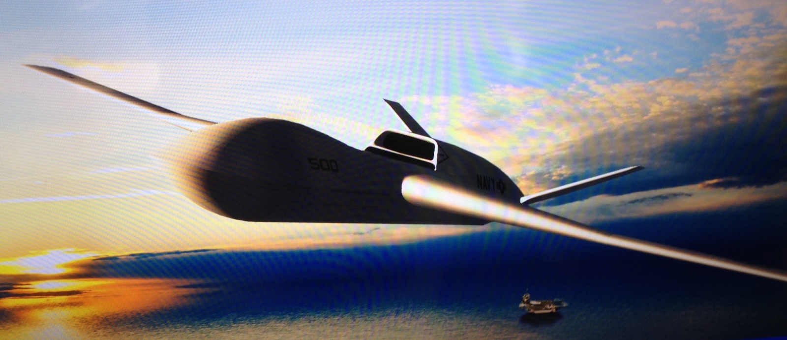 An artist's concept of General Atomic's Sea Avenger UCLASS bid taken from a display monitor. US Naval Institute Photo