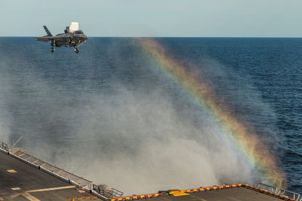 F-35B Lightning II aircraft lands aboard USS Wasp (LHD-1) in August 2013. US Navy Photo