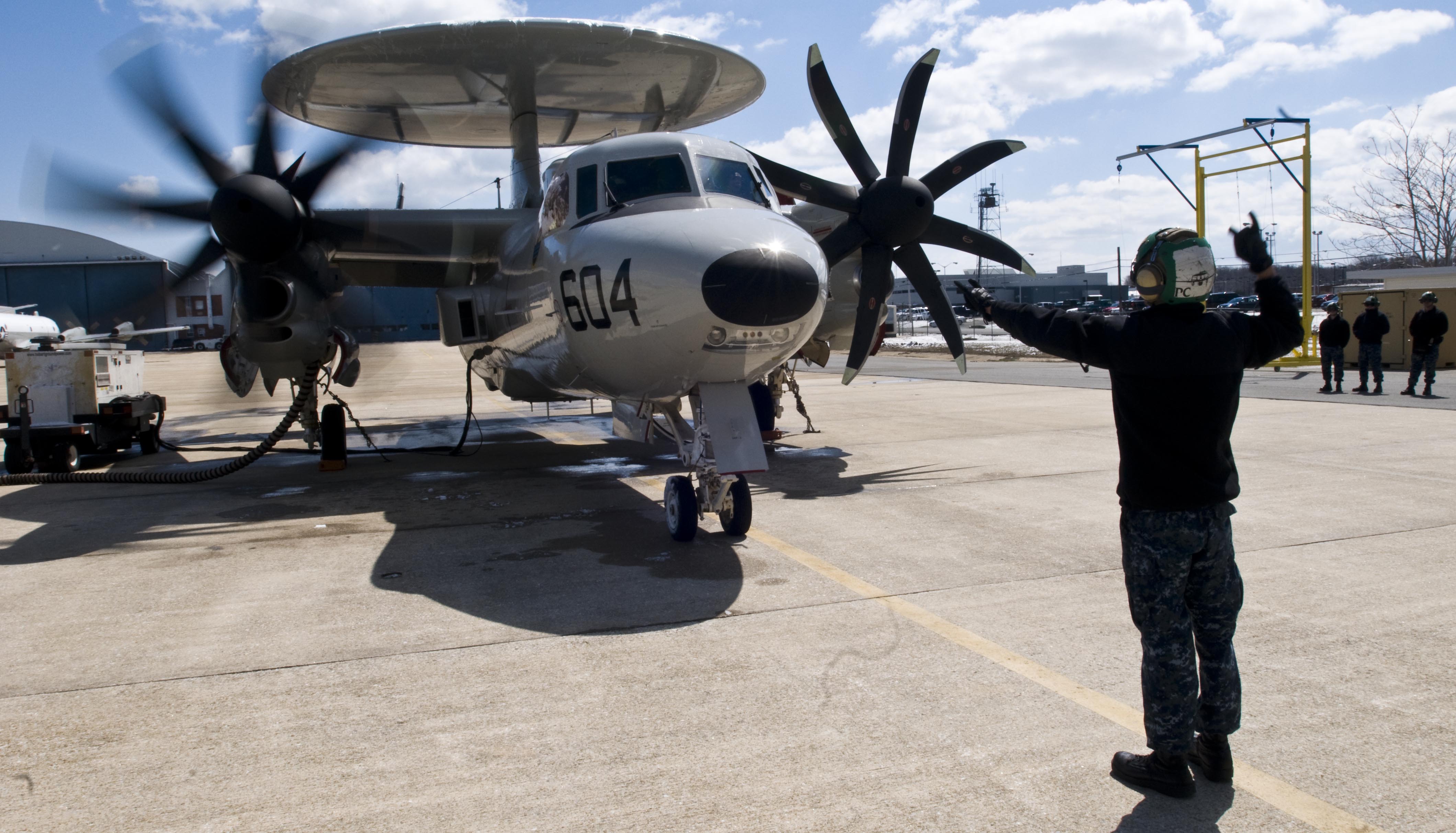 An E-2D Hawkeye outside the hangar at Naval Air Station Patuxent River on March 26, 2014. US NAvy Photo
