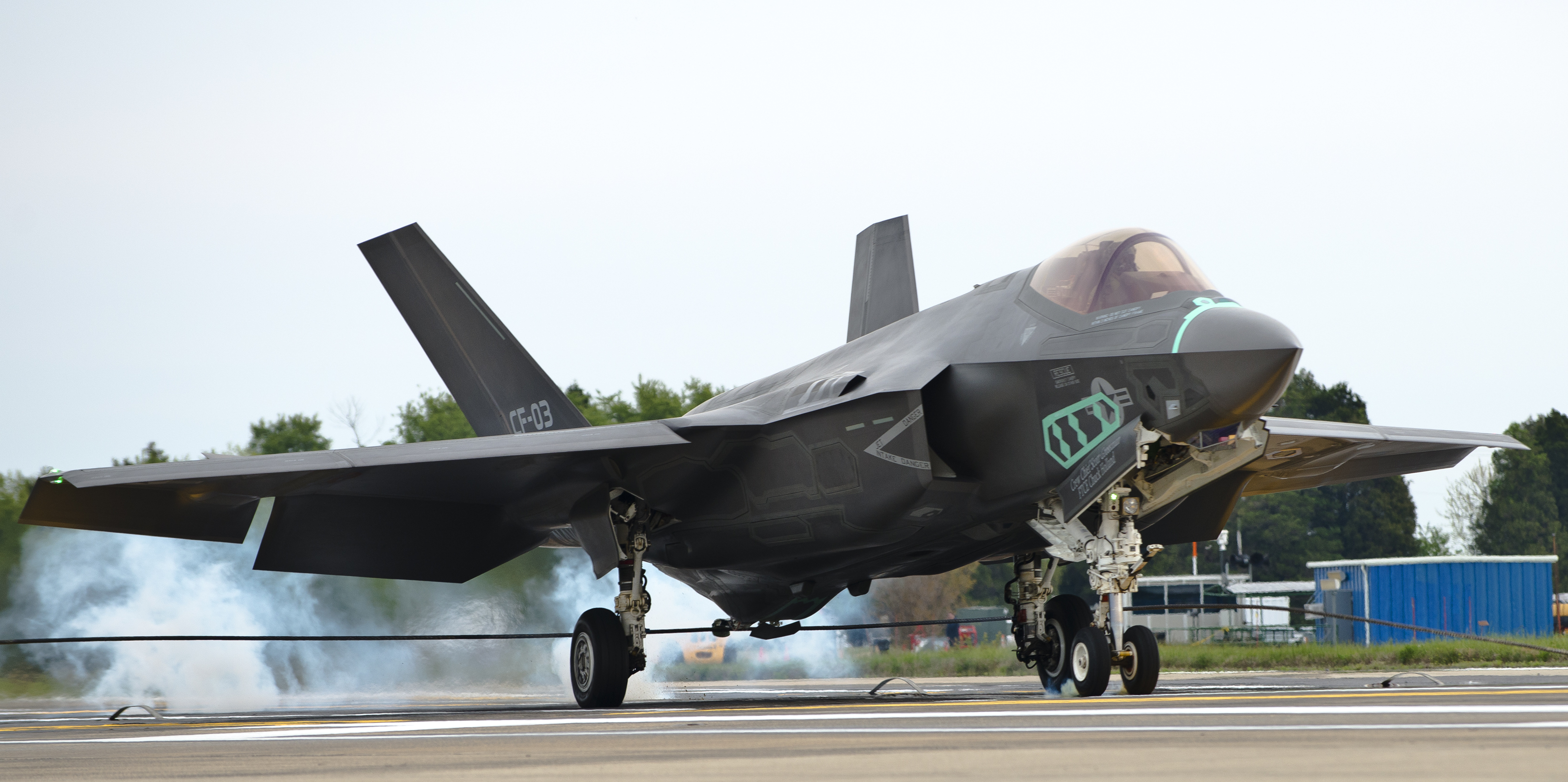An F-35C Lightning II aircraft makes an arrested landing during a test flight at Naval Air Station Patuxent River, Md. on May 7, 2014. US Navy Photo