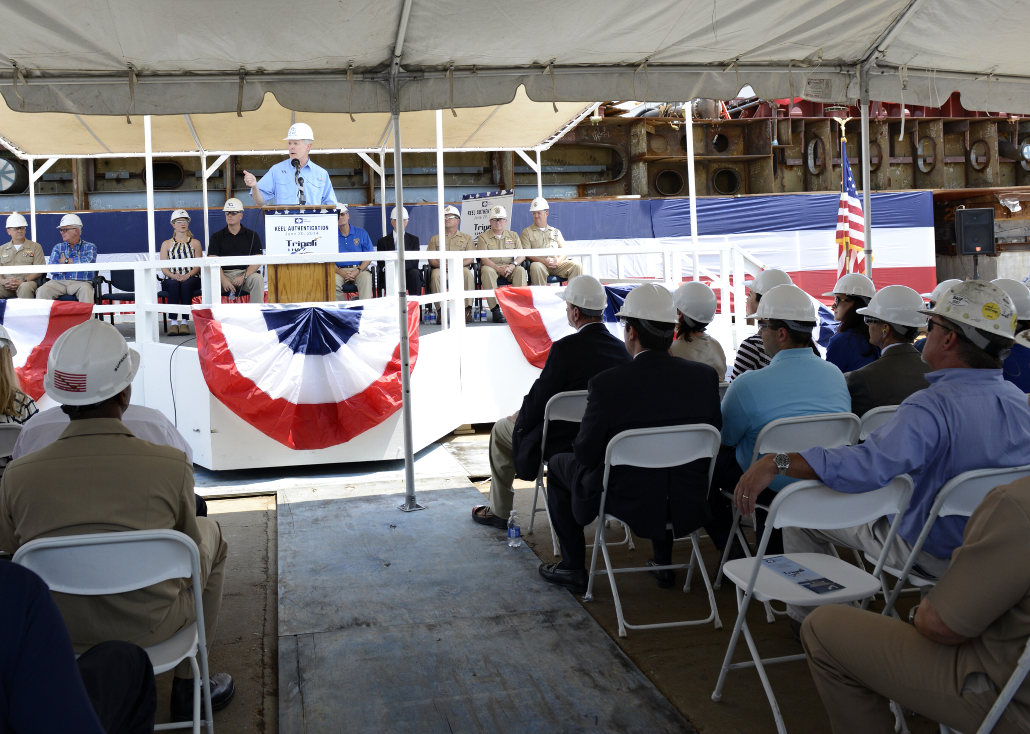 Secretary of the Navy (SECNAV) Ray Mabus delivers remarks during the keel-laying ceremony for the amphibious assault ship Tripoli (LHA-7). US Navy Photo