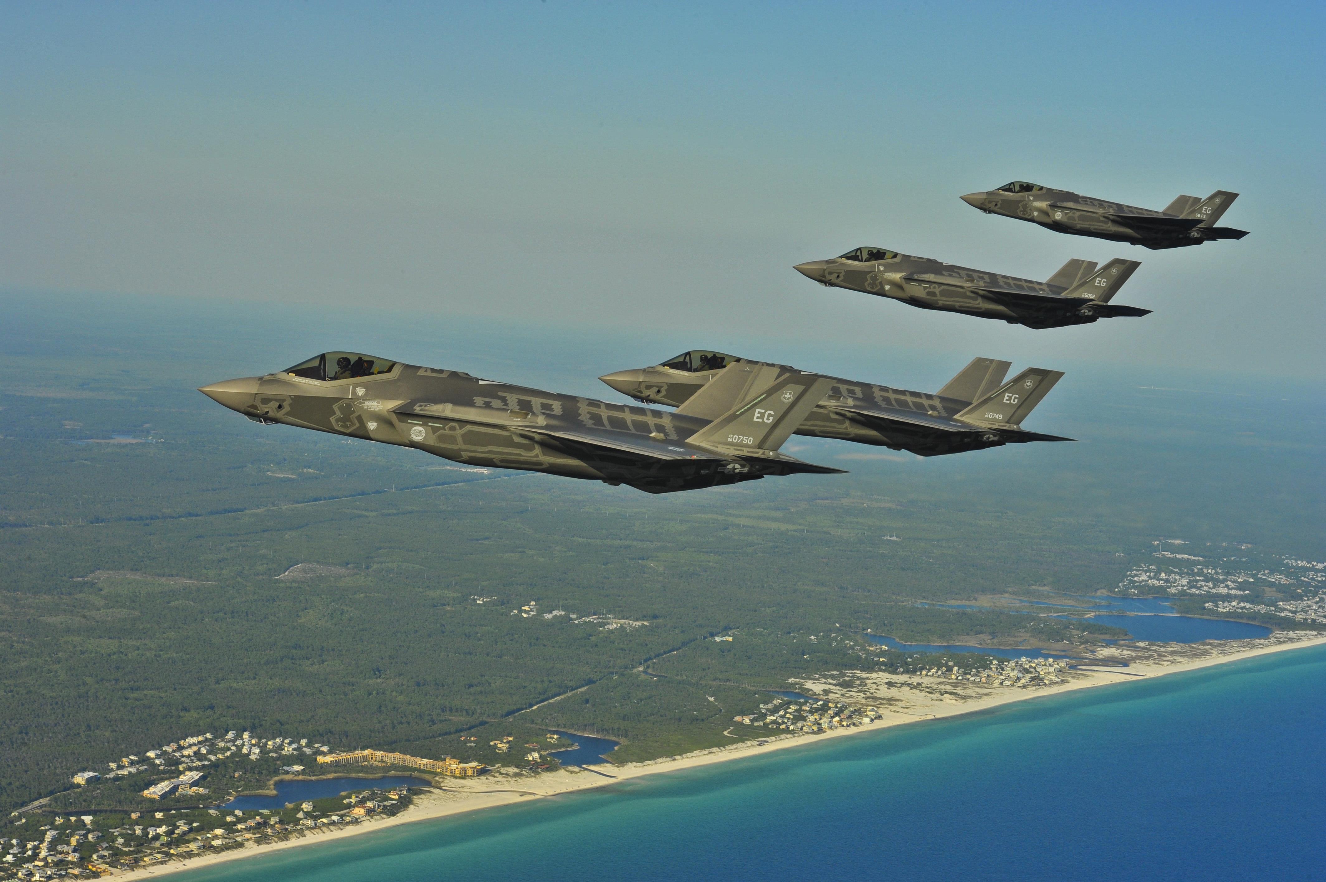 F-35A Lightning IIs from the 58th Fighter Squadron, 33rd Fighter Wing, Eglin AFB, Fla., perform an aerial refueling mission May 14, 2013, off the coast of northwest Florida. US Air Force Photo