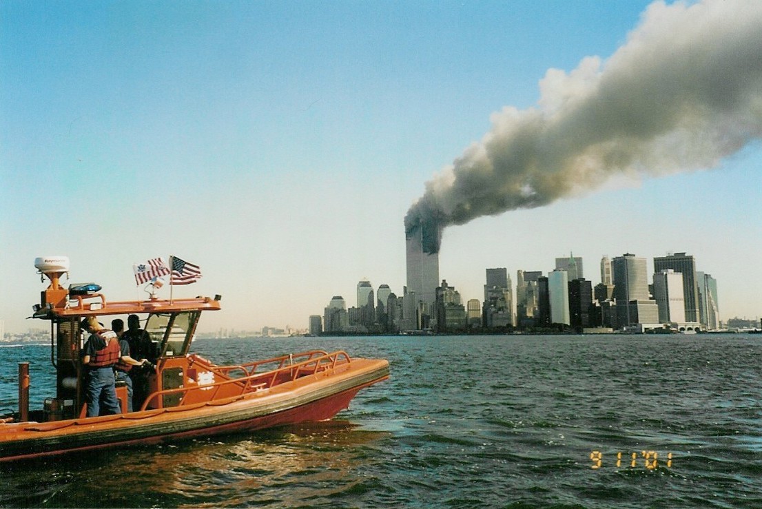 <em>A Coast Guard RHIB after United Airlines Flight 175 crashed into the South Tower (U.S. Coast Guard)</em>
