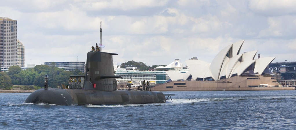 Royal Australian Navy Collins-class submarine HMAS Sheean (SSG-77) near the Sydney Opera House. RAN Photo