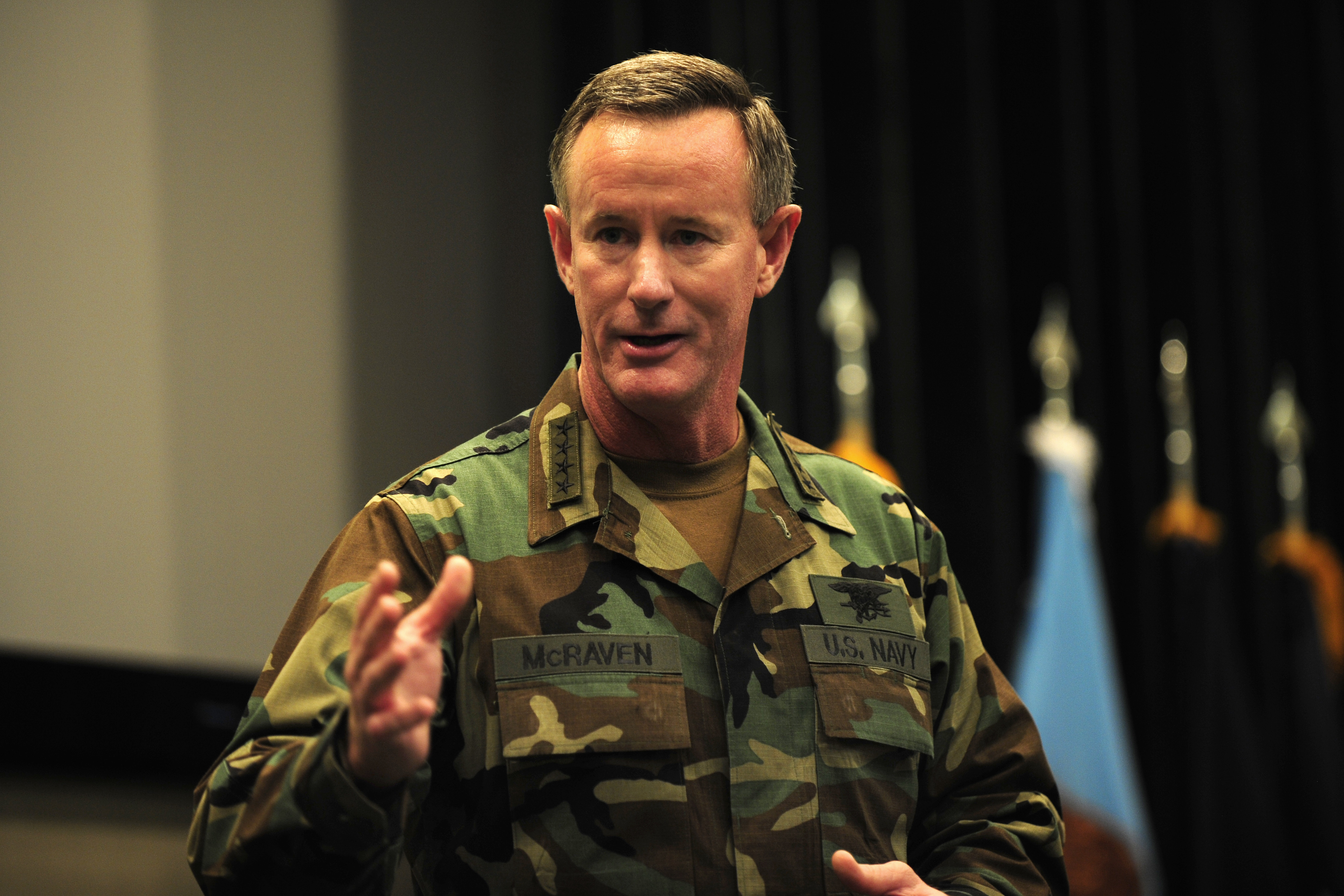 Adm. William H. McRaven, the outgoing U.S. Special Operations Command, addresses the audience during the USSOCOM change of commander ceremony at MacDill Air Force Base, Fla. in 2011. DoD Photo