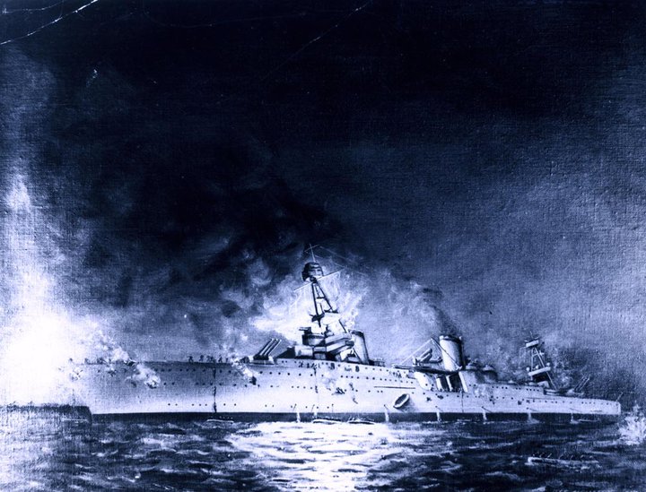Sinking of USS Houston (CA-30) in the Battle of Sunda Strait, 1 March 1942. Painting by Joseph Fleischman, 1950. Naval History and Heritage Command Photo