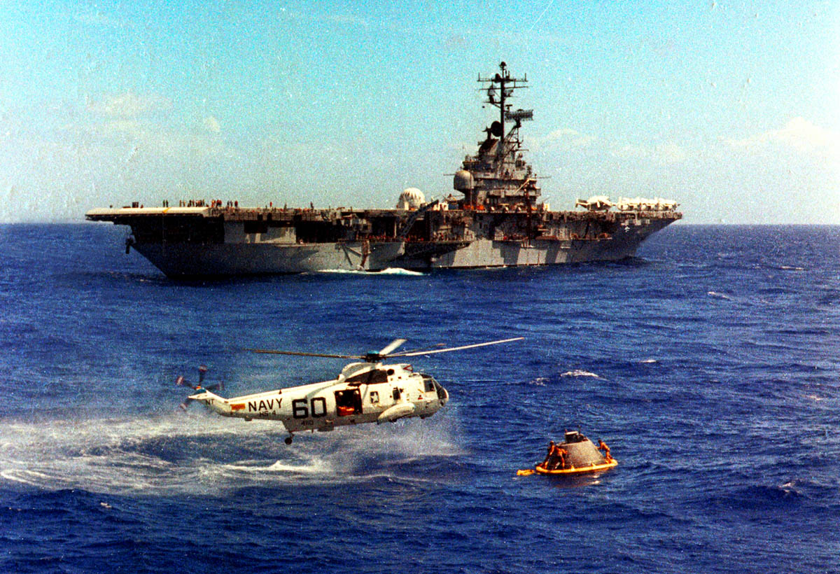 USS Hornet (CV-12) practicing recovering the Apollo capsule. 