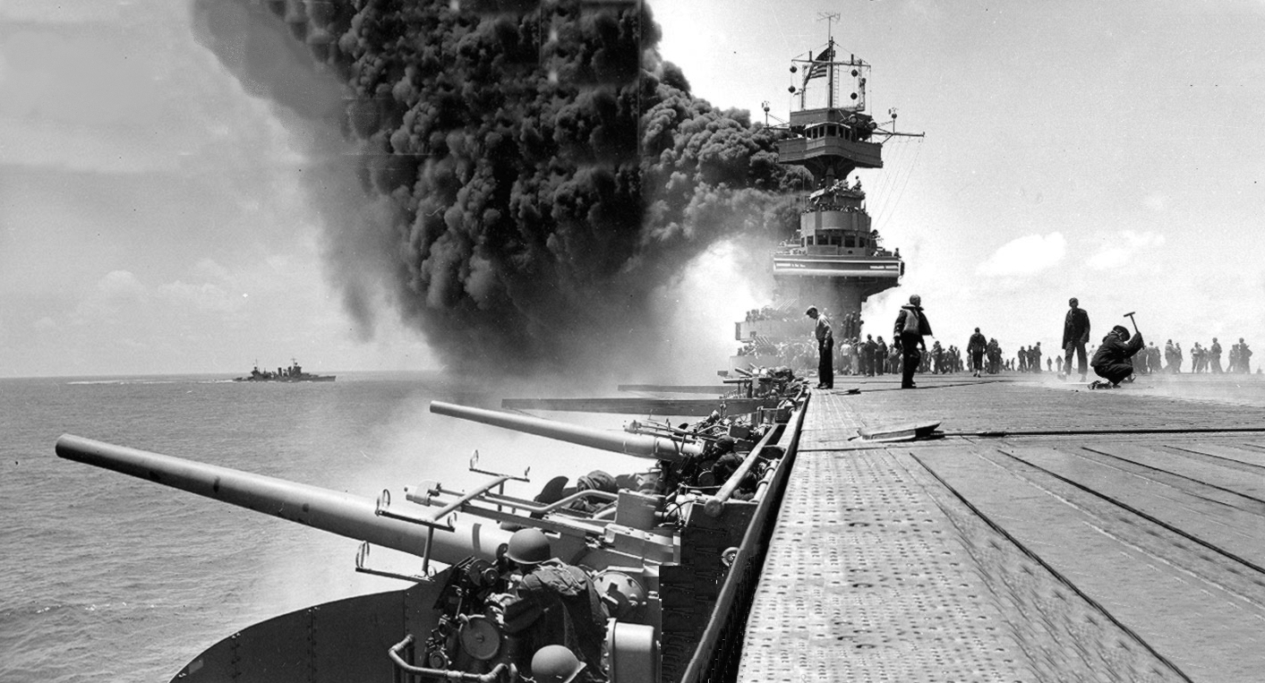 USS Yorktown (CV-5) damaged at the Battle of Midway. US Navy Photo