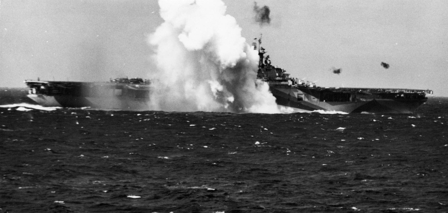 Kamikaze crashes near USS_Ticonderoga (CV-14) in 1944. US Navy Photo