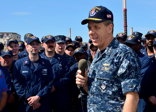 Vice Adm. Phil Davidson, commander, U.S. 6th Fleet, addresses the crew of USS Ramage (DDG-61) in April, 2014. US Navy Photo. 