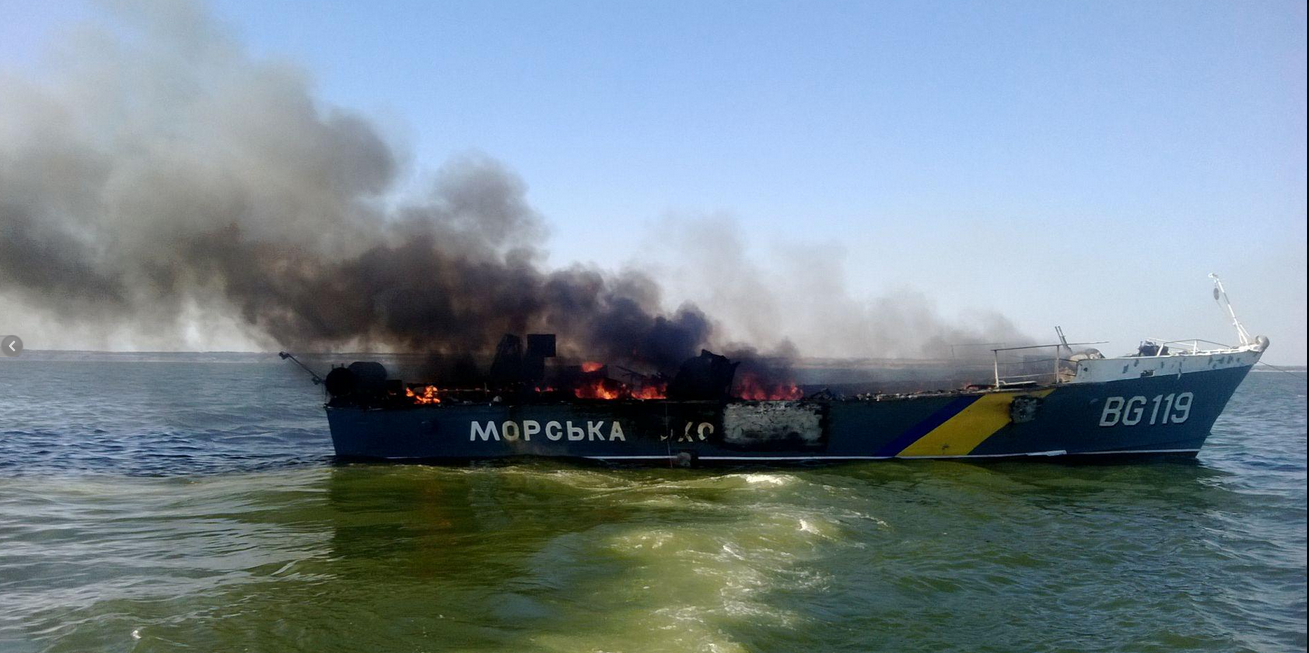 Ukrainian patrol boat following an artillery garage in the Azoz Sea on Aug. 31, 2014. Ukrainian State Border Guard 