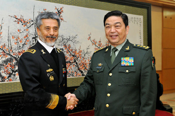 Gen. Chang Wanquan (R), state councilor and Chinese defense minister, meets with Iranian Navy Commander Rear Admiral Habibollah Sayyari (L) in Beijing on the morning of October 23, 2014. Chinese Ministry of National Defense Photo