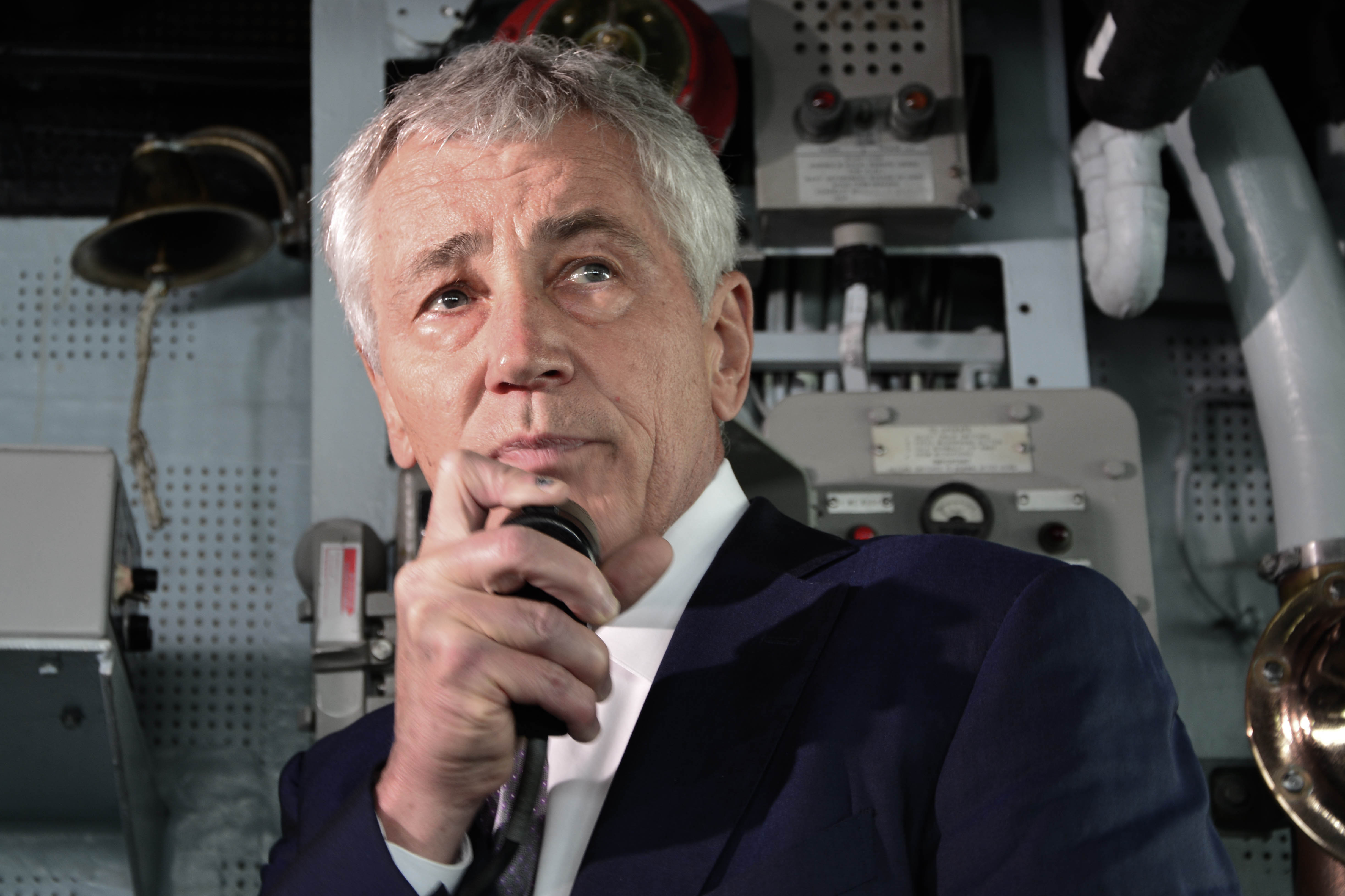 Secretary of Defense (SECDEF) Chuck Hagel addresses the crew of the Ticonderoga-Class guided-missile cruiser USS Vella Gulf (CG-72) in June. 