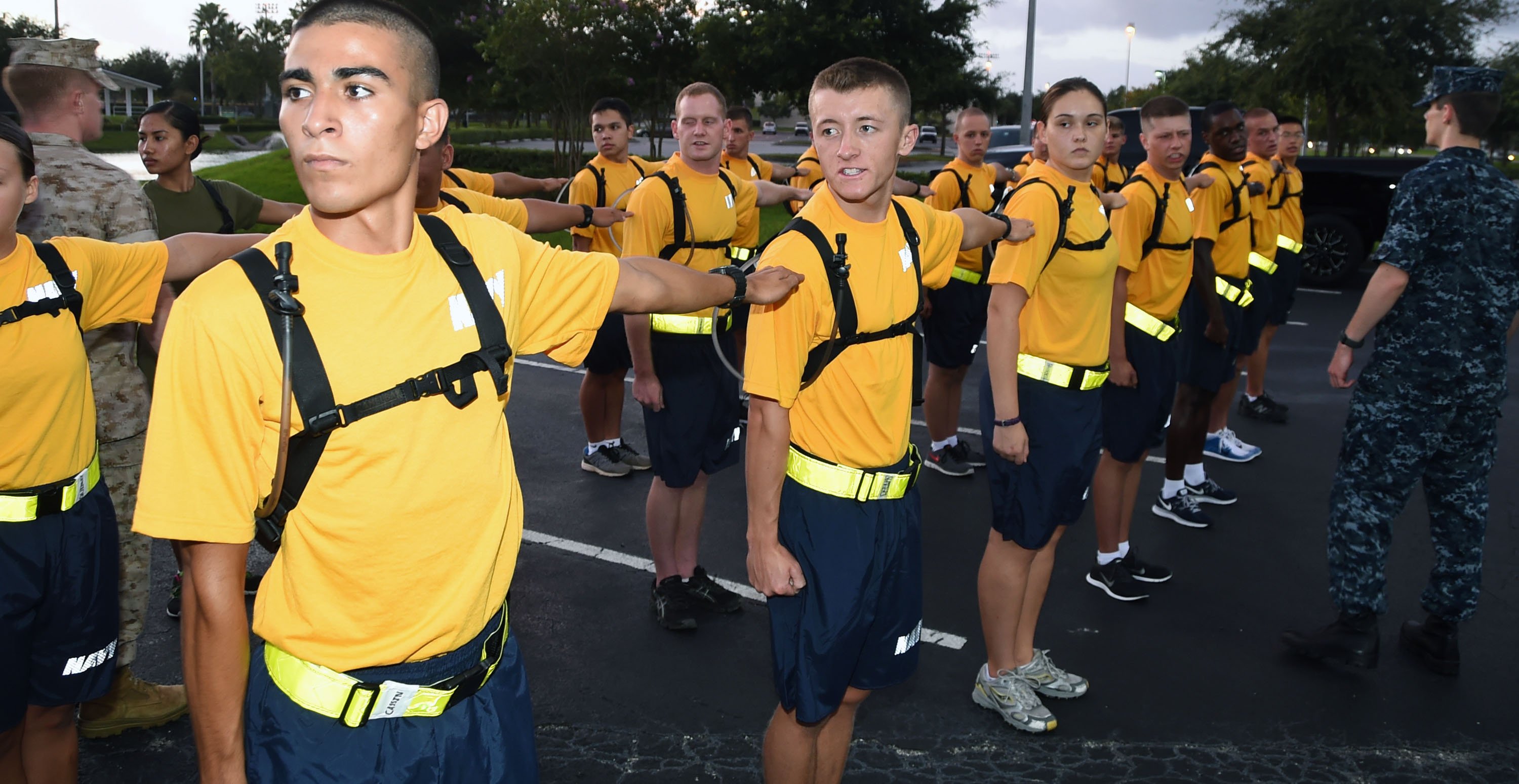 Naval ROTC incoming midshipmen freshmen perform a facing movement during NROTC freshman orientation at Embry-Riddle Aeronautical University on Aug. 15, 2014. US Navy Photo
