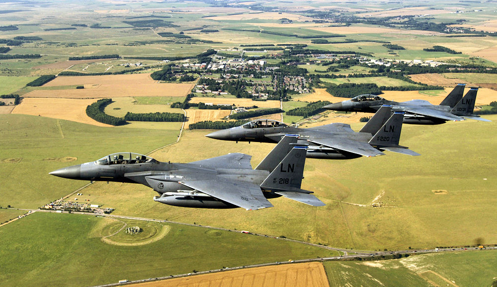 An undated photo of F-15s over the English countryside. US Air Force Photo