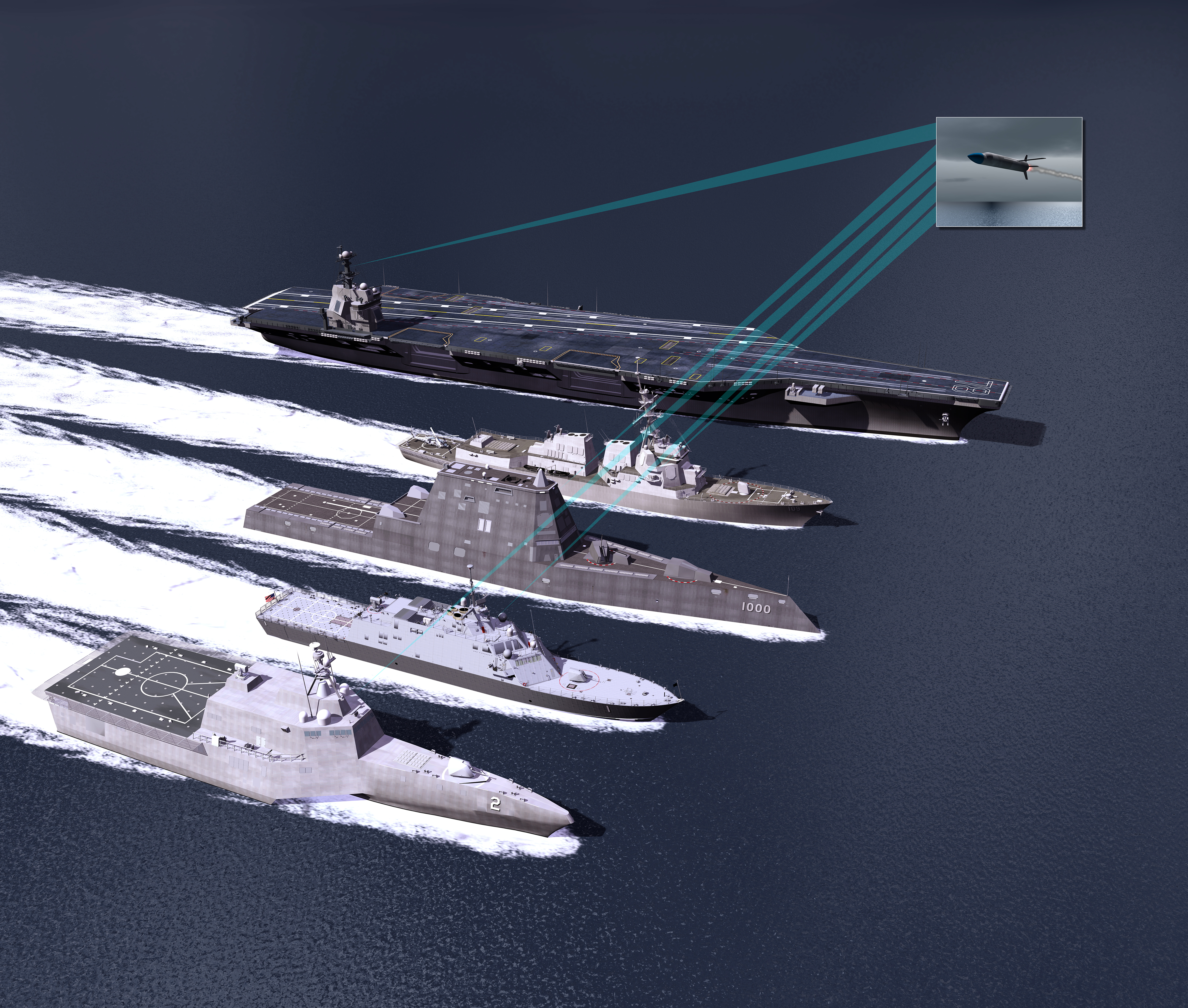 An artist concept of USS Gerald R. Ford (CVN-78) an Arleigh Burke-class guided missile destroyer, USS Zumwalt (DDG-1000) and both variants of the Littoral Combat Ship using the Surface Electronic Warfare Improvement Program (SEWIP). Lockheed Martin image