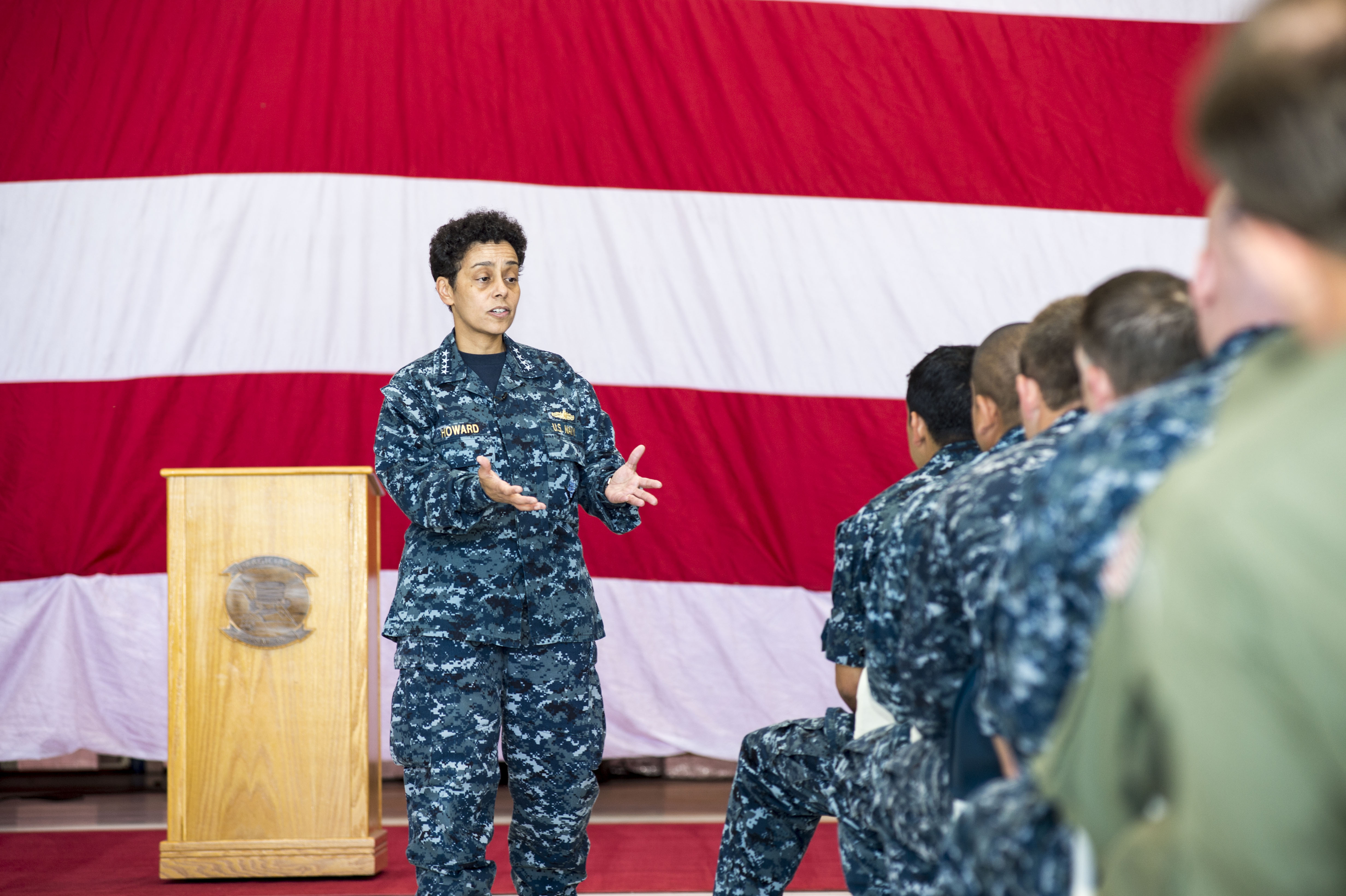 Vice Chief of Naval Operations Adm. Michelle Howard address sailors attached to Maritime Strike Squadron (HSM) 35 during an all-hands call at Naval Air Station North Island, Calif. US Navy Photo