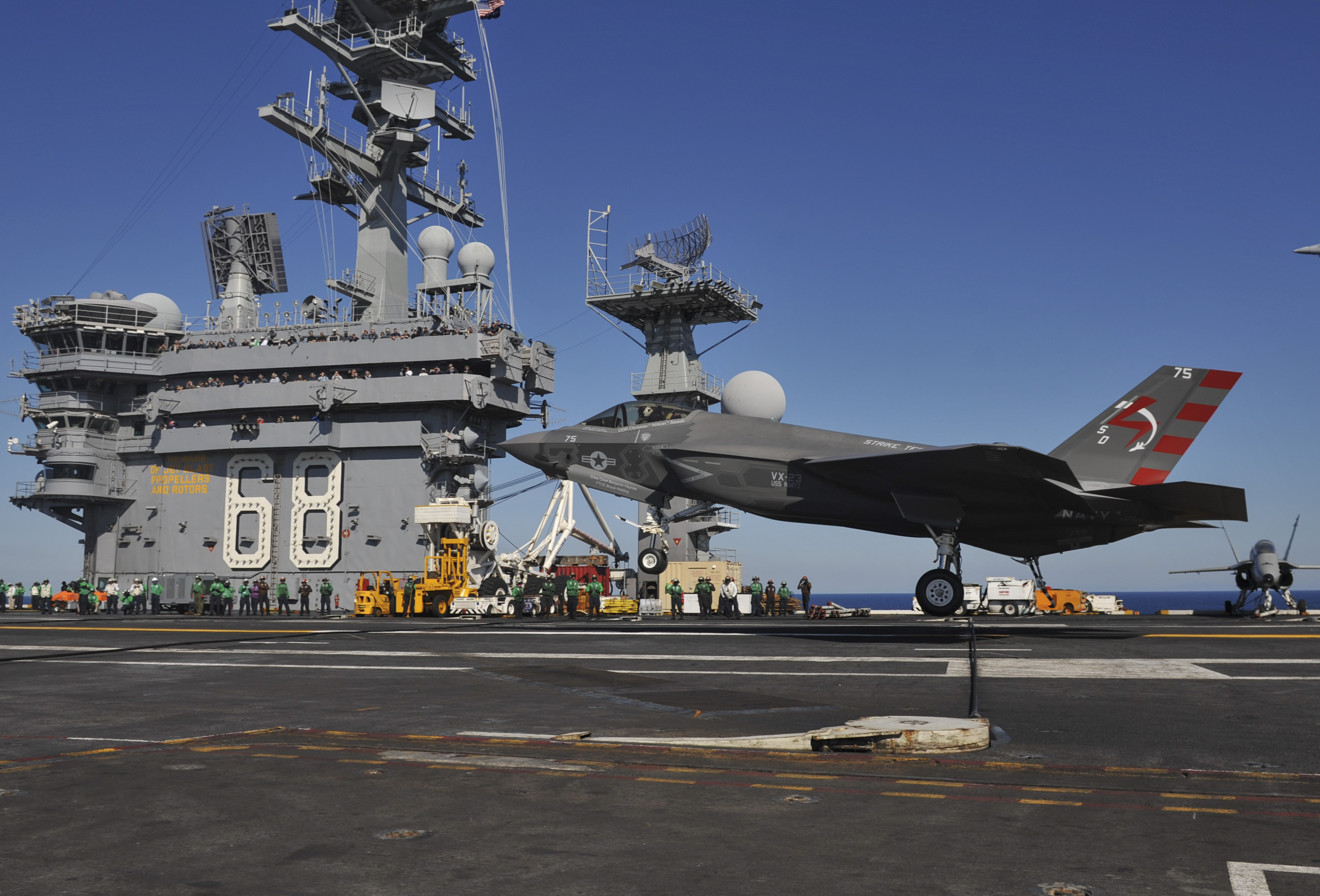 US Navy F-35C Joint Strike Fighter lands for the first time on USS Nimitz (CVN-68) on Nov. 3, 2014. US Navy Photo