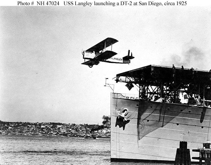 USS Langley launching a mostly wooden DT-2 in San Diego, Calif., circa 1925
