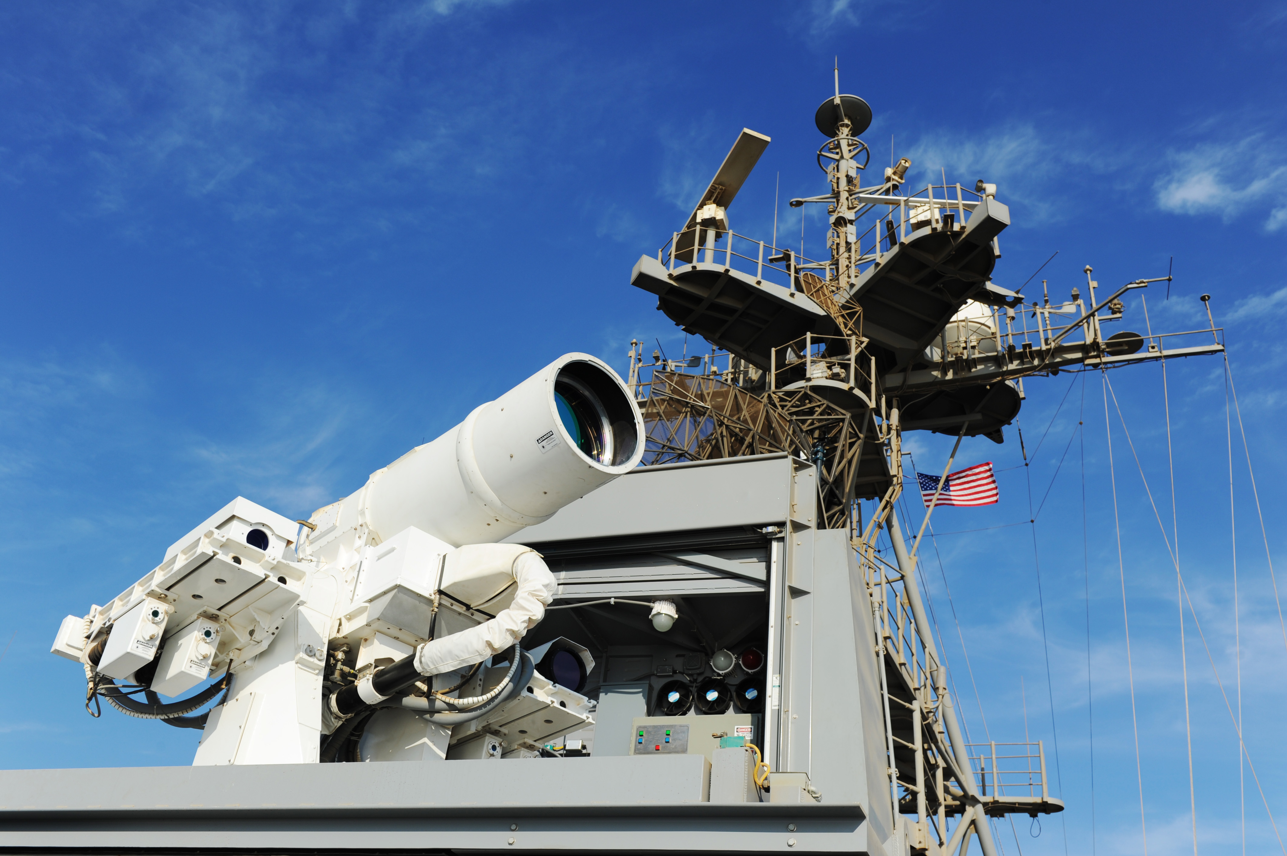 Afloat Forward Staging Base (Interim) USS Ponce (ASB(I) 15) conducts an operational demonstration of the Office of Naval Research (ONR)-sponsored Laser Weapon System (LaWS). US Navy Photo