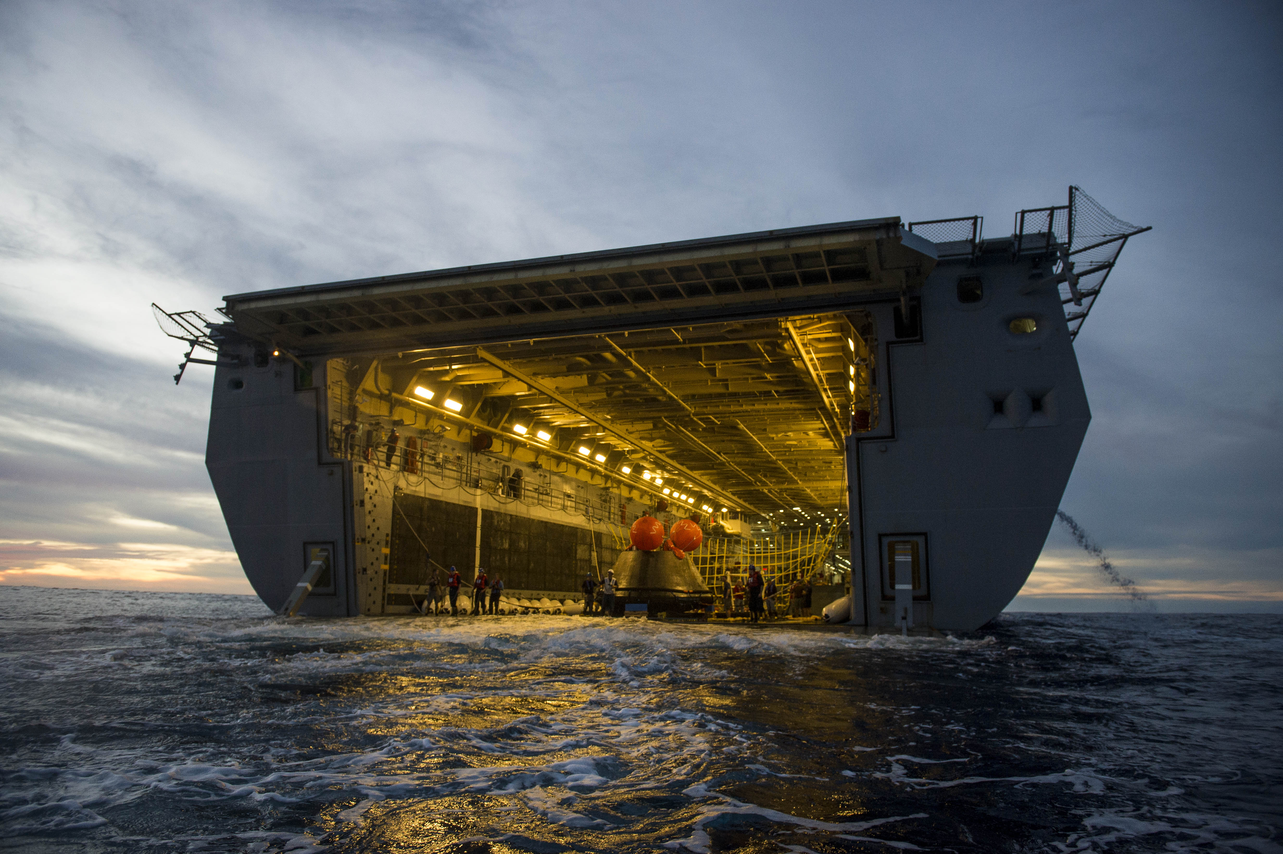 Orion in the welldeck of USS Anchorage (LPD-23) on Dec. 5, 2014. US Navy Photo