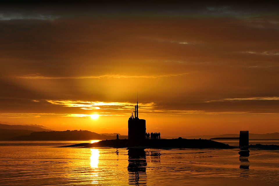 Trafalgar-class attack submarine HMS Triumph, glides into HM Naval Base Clyde. Royal Navy Photo