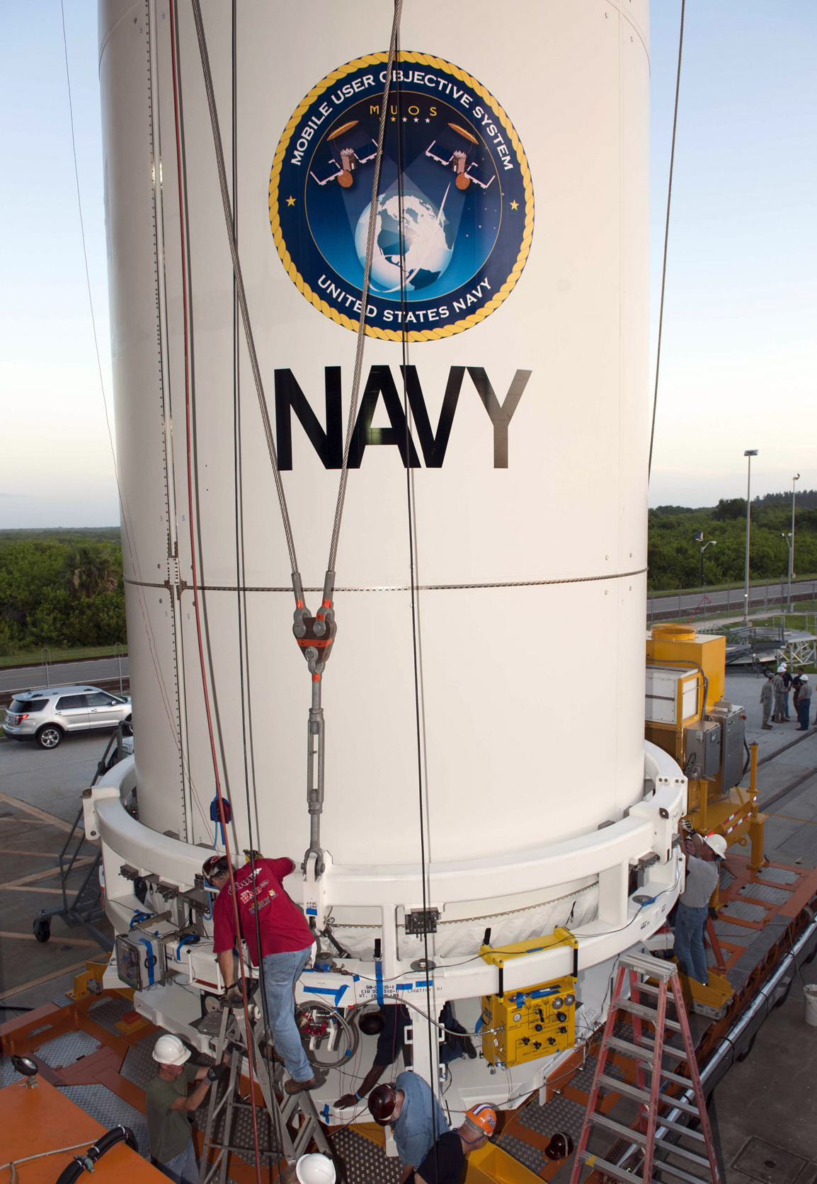 A payload fairing containing the Navy's Mobile User Objective System (MUOS) 2 satellite is mated to an Atlas V rocket in 2013. US Navy Photo