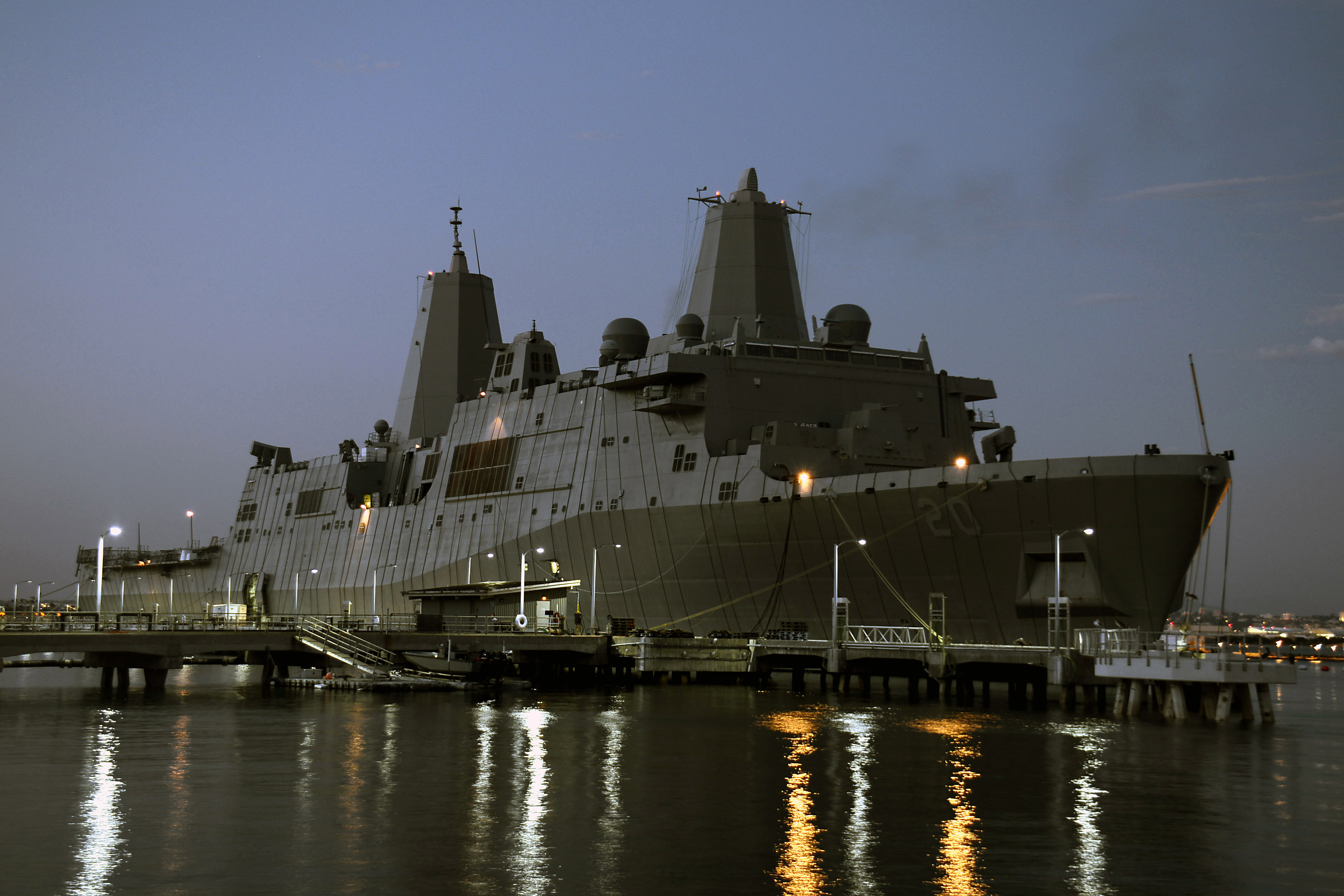  USS Green Bay (LPD 20) is moored at Naval Base Pt. Loma in preparation for a magnetic treatment (DEPERM) on Aug. 20, 2014. US Navy Photo