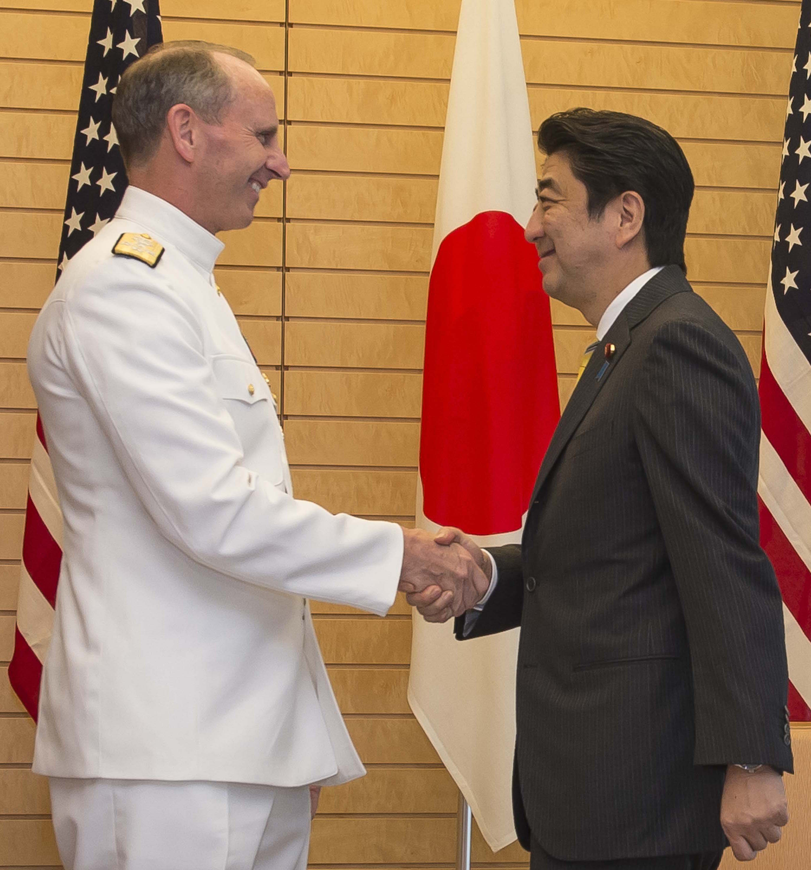  Chief of Naval Operations Adm. Jonathan Greenert meets with the Prime Minister of Japan Shinzo Abe on May 26, 2014. US Navy Photo