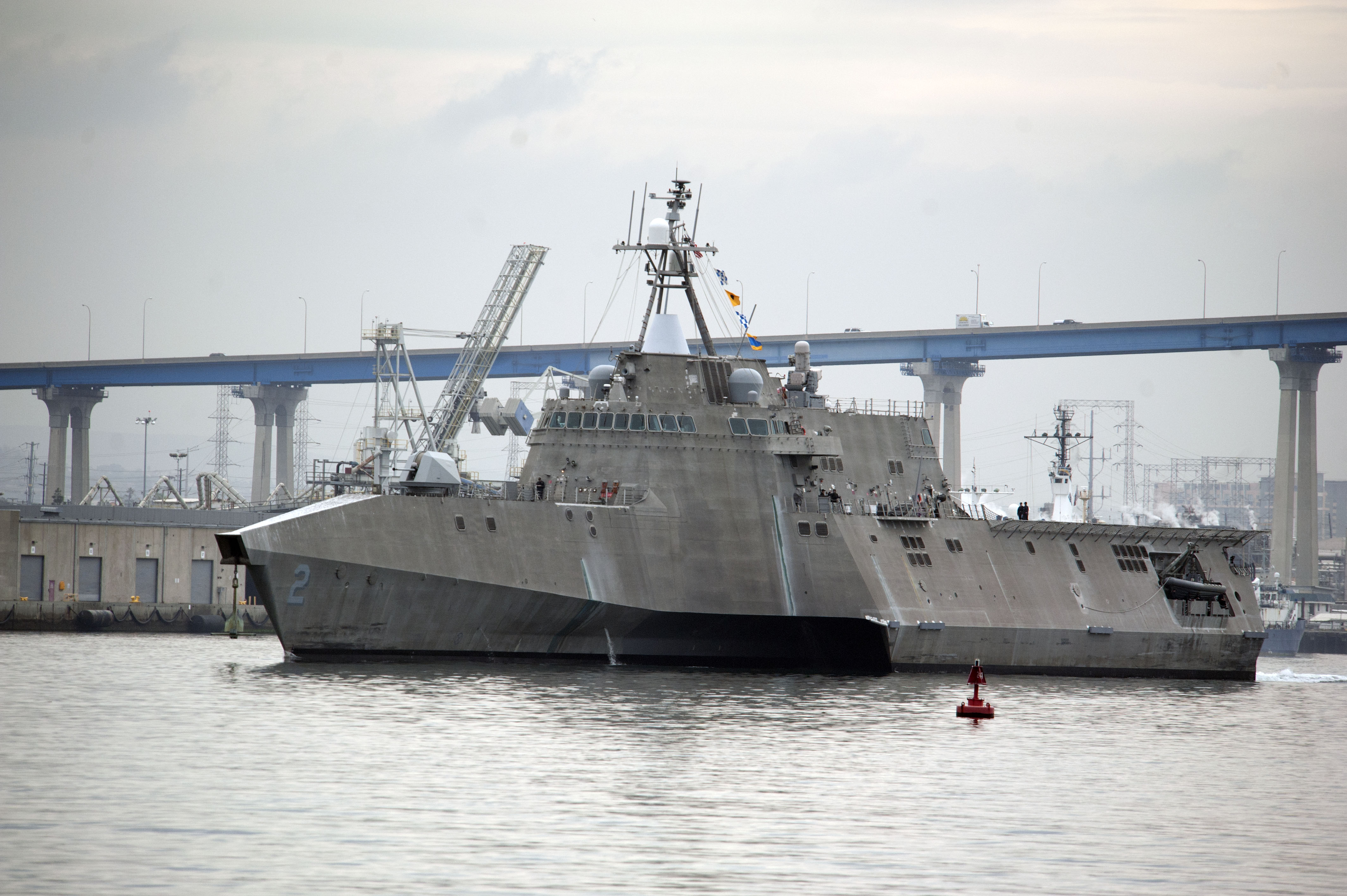 USS Independence (LCS 2) departs San Diego for Pensacola, Fla., to conduct operational evaluation and testing of the mine countermeasures mission package. US Navy Photo 