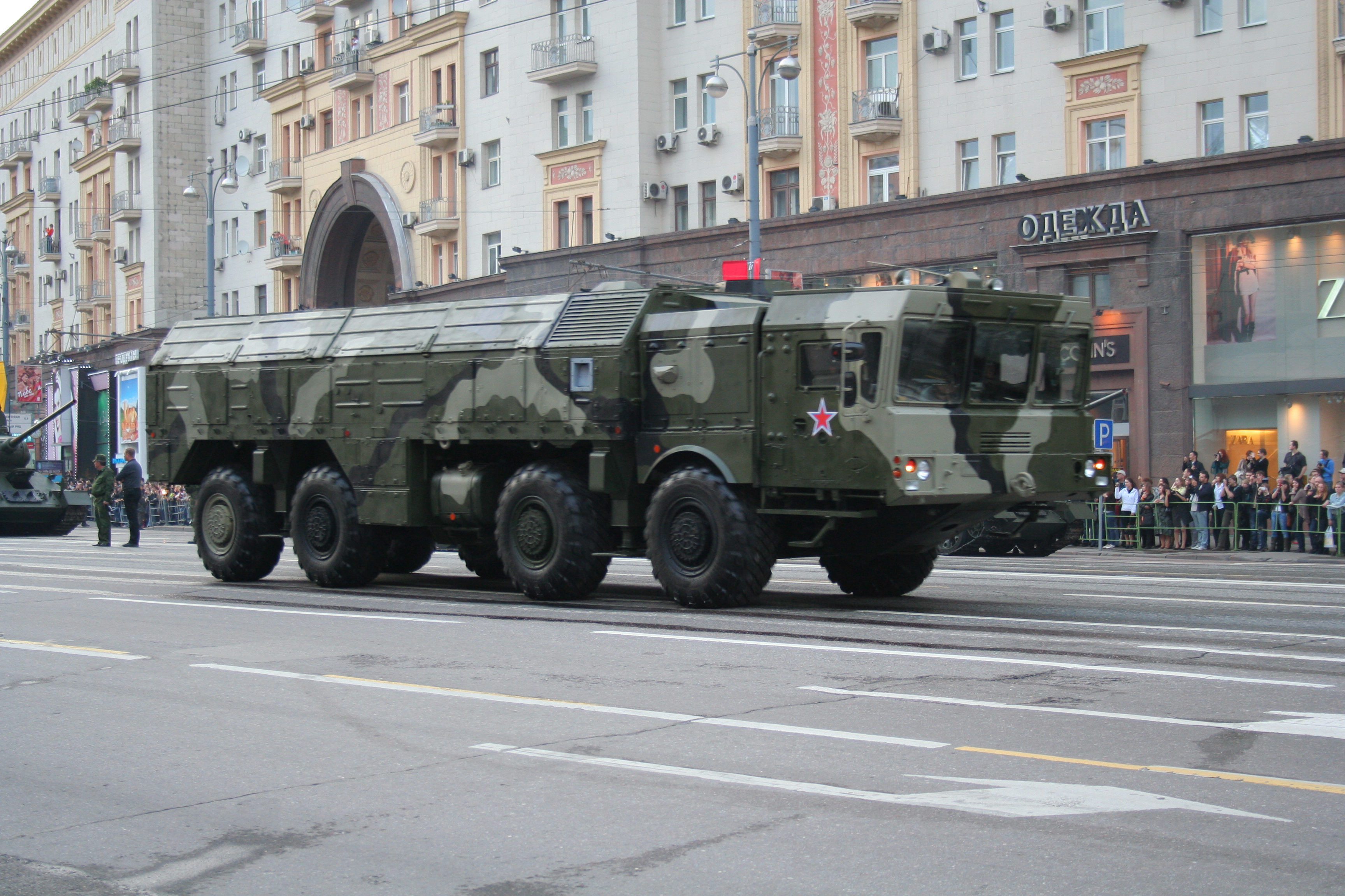 Iskander mobile ballistic missile systems (NATO Reporting name: SS-26 Stone) during a practice parade in Moscow in 2010. via Wikipedia