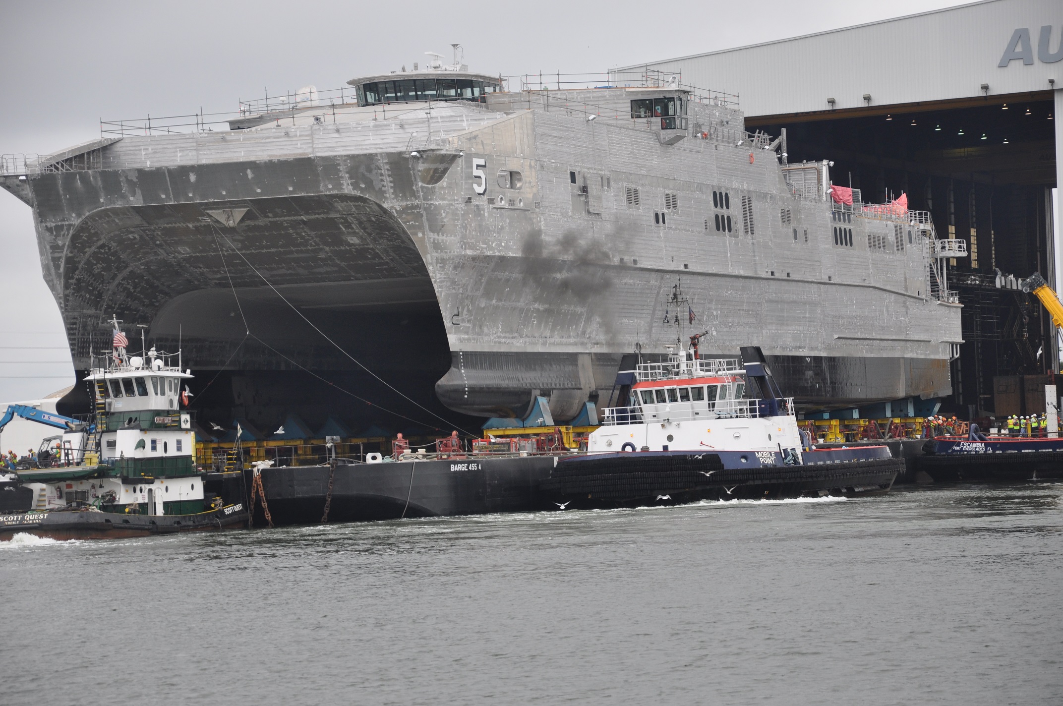USNS Trenton (JHSV 5) rolls out in preparation for launch at Austal USA shipyard on Sept. 30, 2014. US Navy Photo