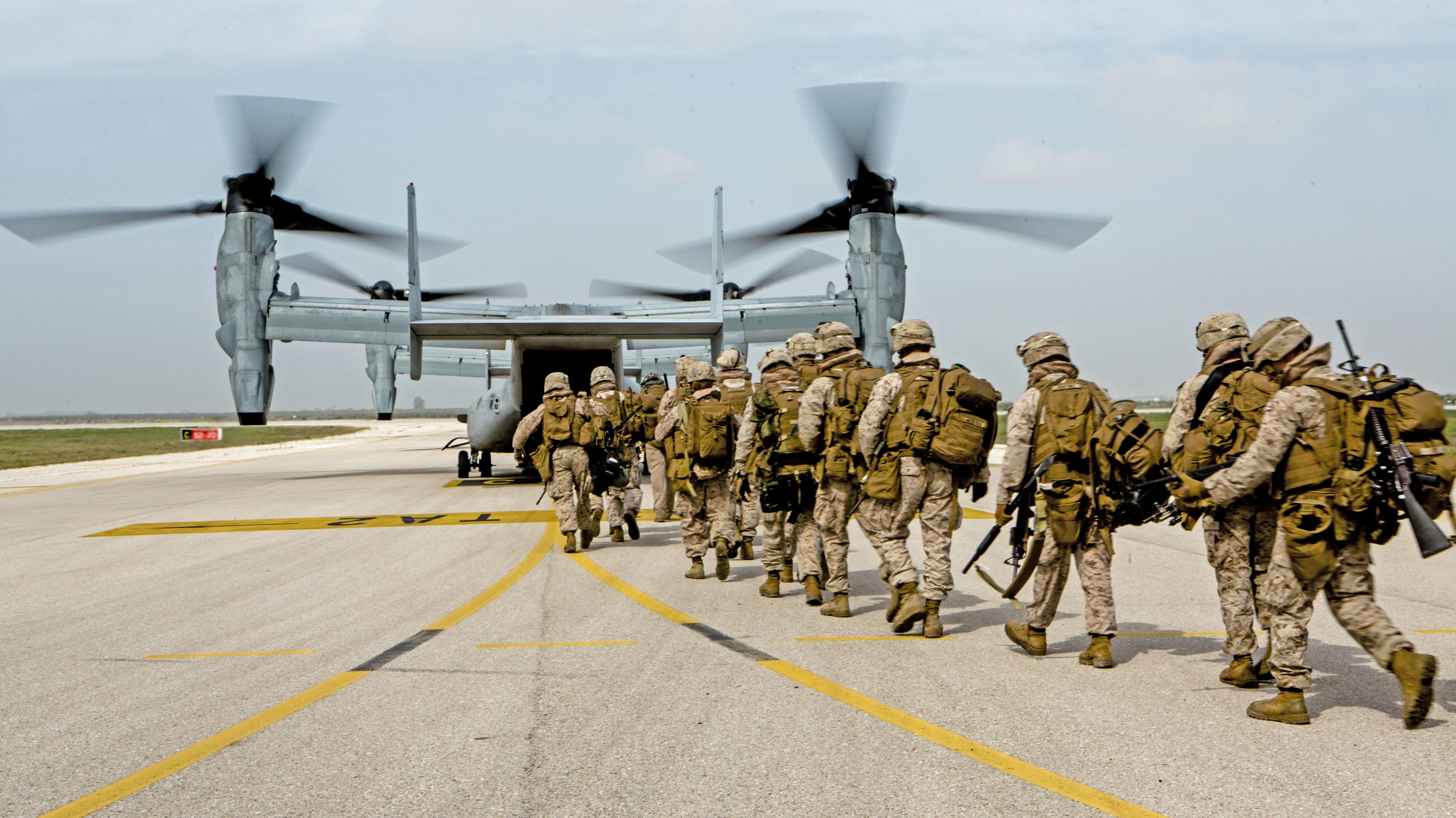 U.S. Marines with Special-Purpose Marine Air-Ground Task Force Crisis Response-Africa board an MV-22 Osprey during an alert force drill on Moron Air Base, Spain, March 13, 2015. US Marine Corps photo.