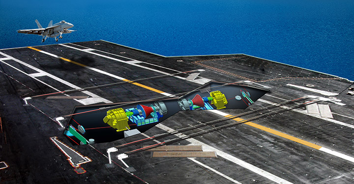 An artist's conception of an installed Advanced Arresting Gear (AAG) on a U.S. carrier. General Atomics Image