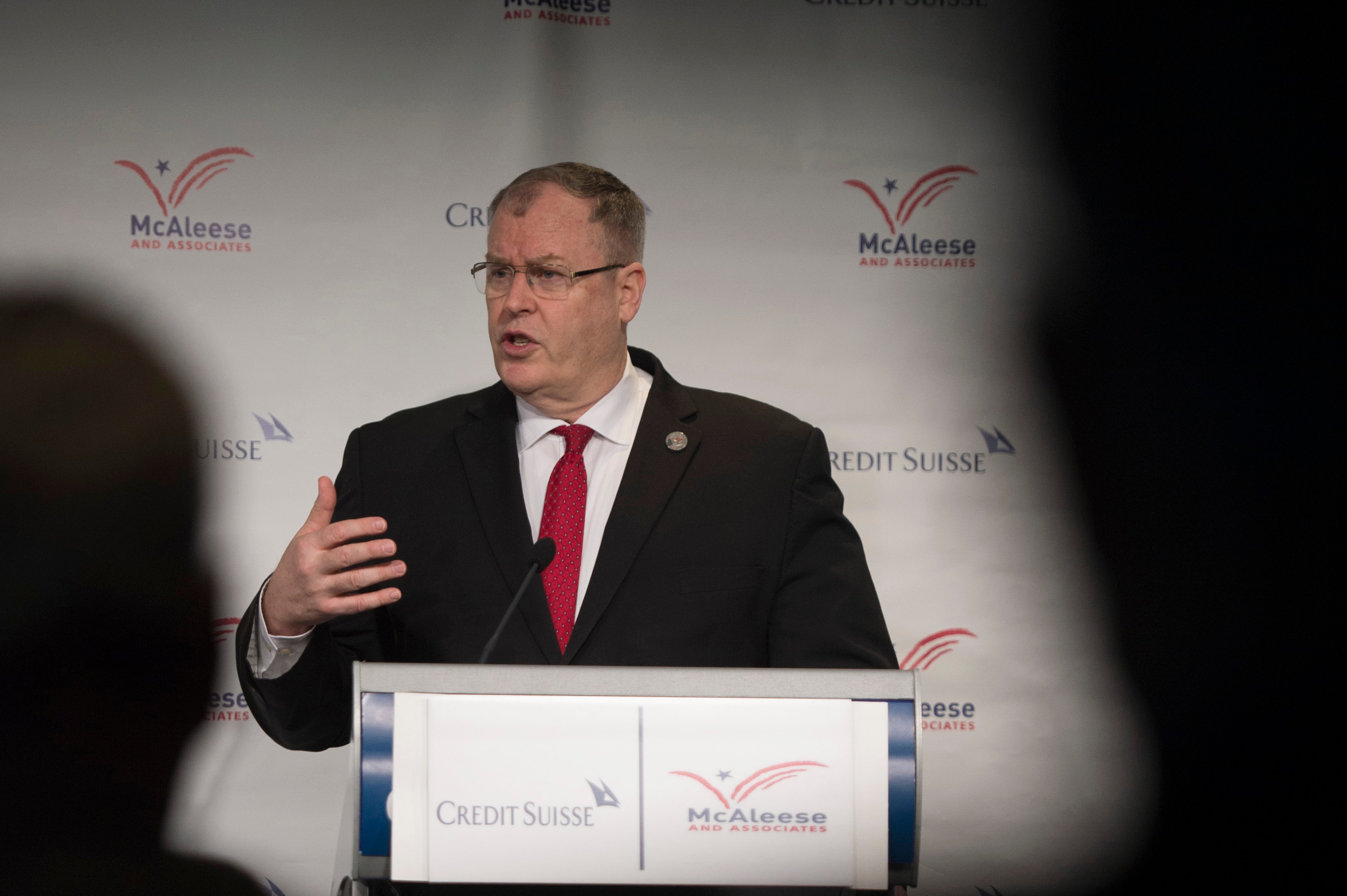 Deputy Secretary of Defense Bob Work speaks at the McAleese/Credit Suisse FY2016 Defense Programs Conference held at the Newseum in Washington D.C., March 17, 2015. DoD Photo