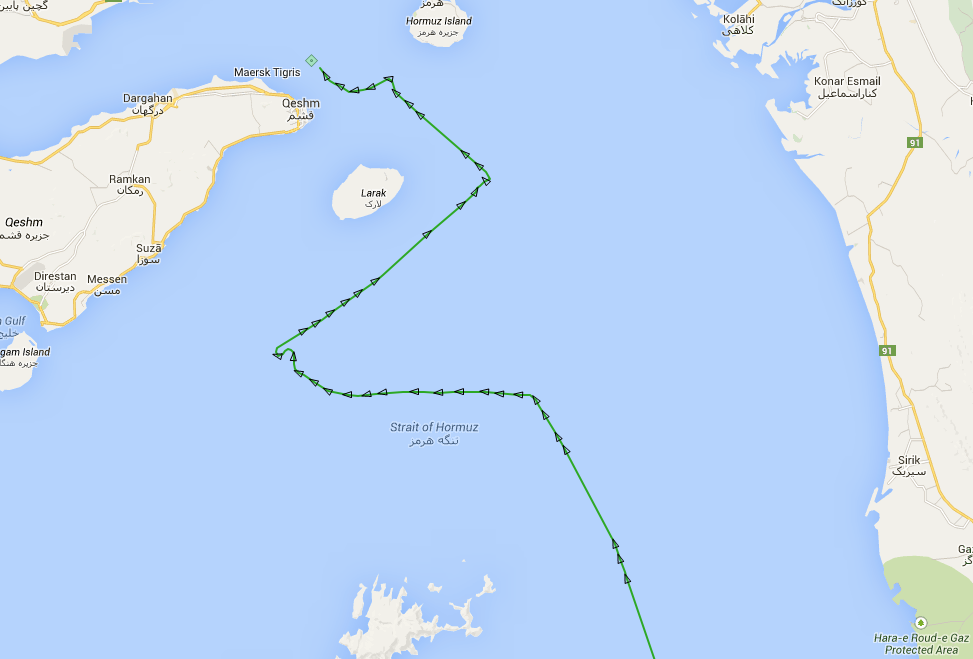 The track of the M/V Maersk Tigris before and after the seizure by IRGCN forces. Screen grab from MarineTraffic.com