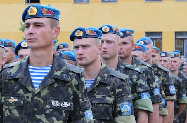 Soldiers from the Ukrainian Armed Forces Airborne Brigade stand in formation in 2012. US Army Photo