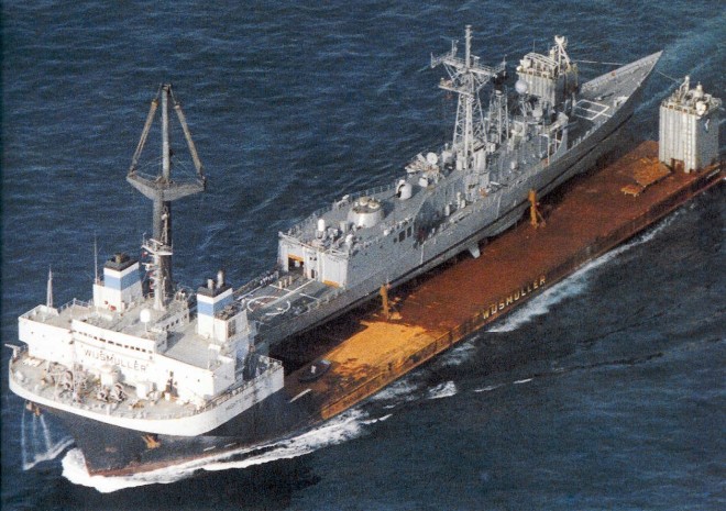 M/V Mighty Servant ferrying USS Samuel B. Roberts across the Atlantic Ocean after striking a mine.