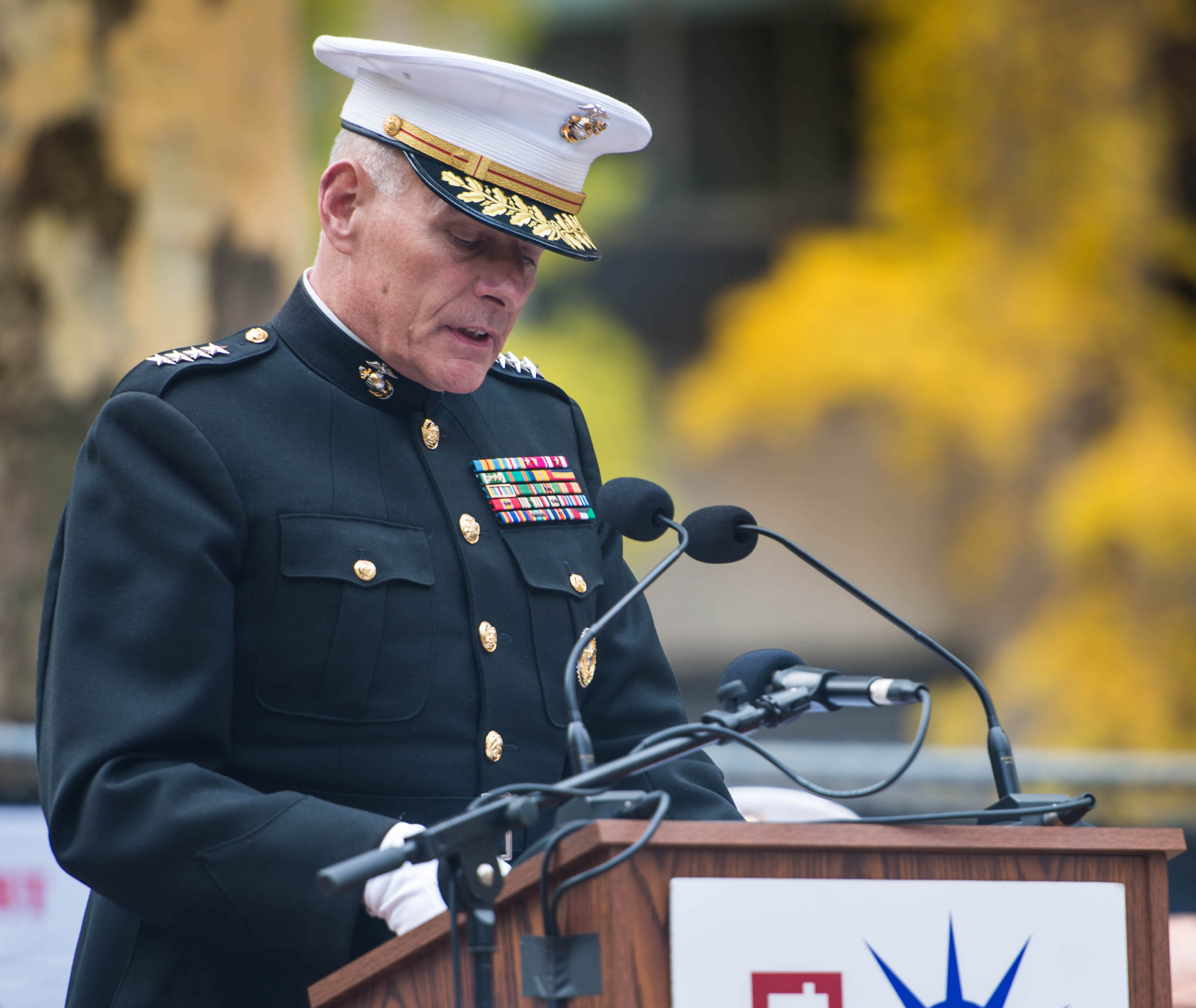 Gen. John F. Kelly, Commander of U.S. Southern Command, speaks during the opening ceremony of New York City's annual Veterans Day Parade at Madison Square Park November 12, 2014. US Marine Corps Photo