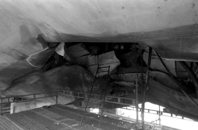 A view of damage to the hull of the guided missile frigate USS SAMUEL B. ROBERTS (FFG-58) sustained when the ship struck a mine while on patrol in the Persian Gulf on April 14, 1988. US Navy Photo