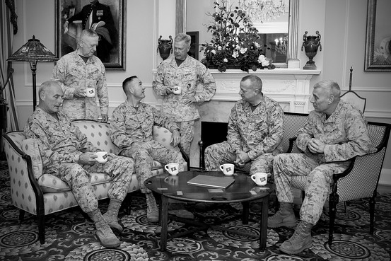 The Marine Corps temporarily had six four-star generals in 2013 -- which had never happened before and is unlikely to happen again any time soon. The generals posed for photos in the Home of the Commandants in Washington, D.C., April 19, 2013. From left to right: John Kelly, James Mattis, Joseph Dunford, James Amos, John Allen, and John Paxton Jr. US Marine Corps photo.