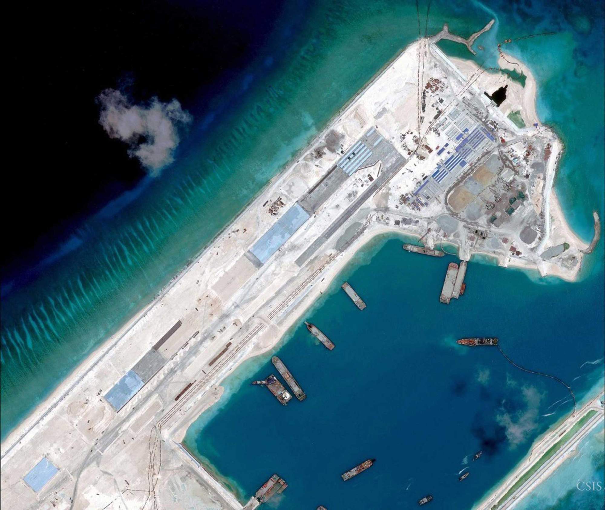 Airstrip construction on the Fiery Cross Reef in the South China Sea is pictured in this April 2, 2015.