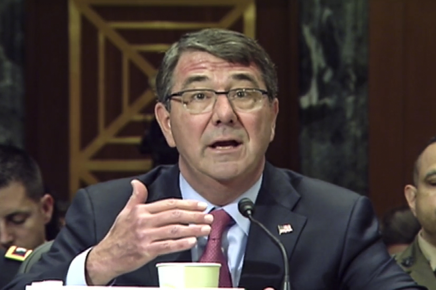 Defense Secretary Ash Carter testifies on defense posture before the Senate Appropriations Committee's defense subcommittee in Washington, D.C., May 6, 2015. Army Gen. Martin E. Dempsey, chairman of the Joint Chiefs of Staff, also testified during the hearing. DoD screen shot