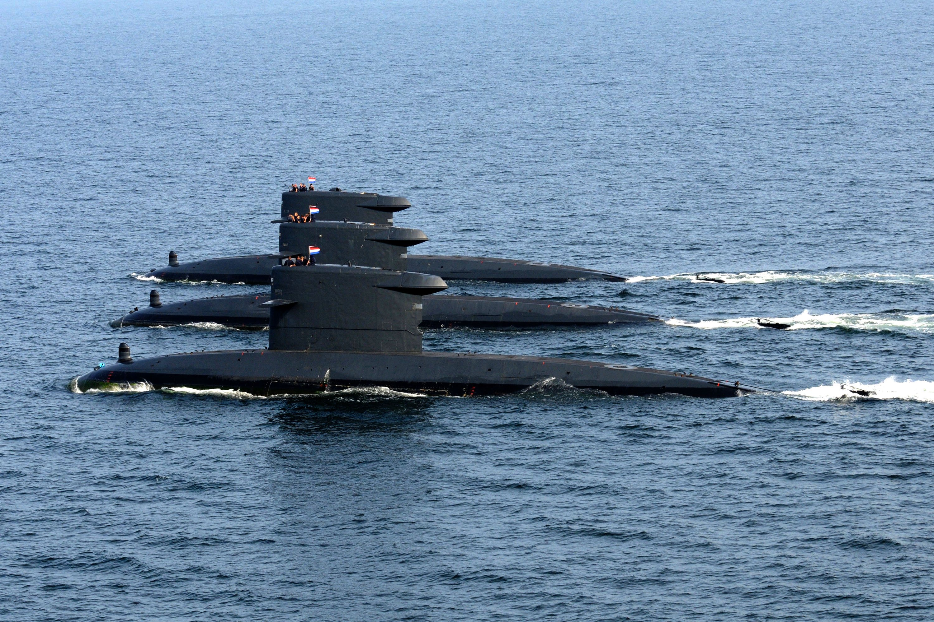 An undated photo of three Royal Netherlands Navy Walrus-class submarines. 