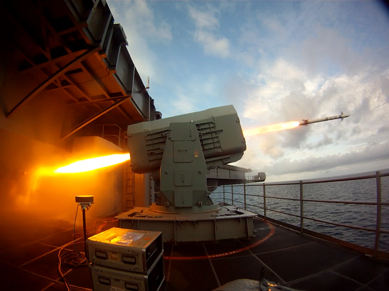 The aircraft carrier USS Theodore Roosevelt (CVN 71) launches a Rolling Airframe Missile (RAM) on Aug. 19, 2014. US Navy photo.
