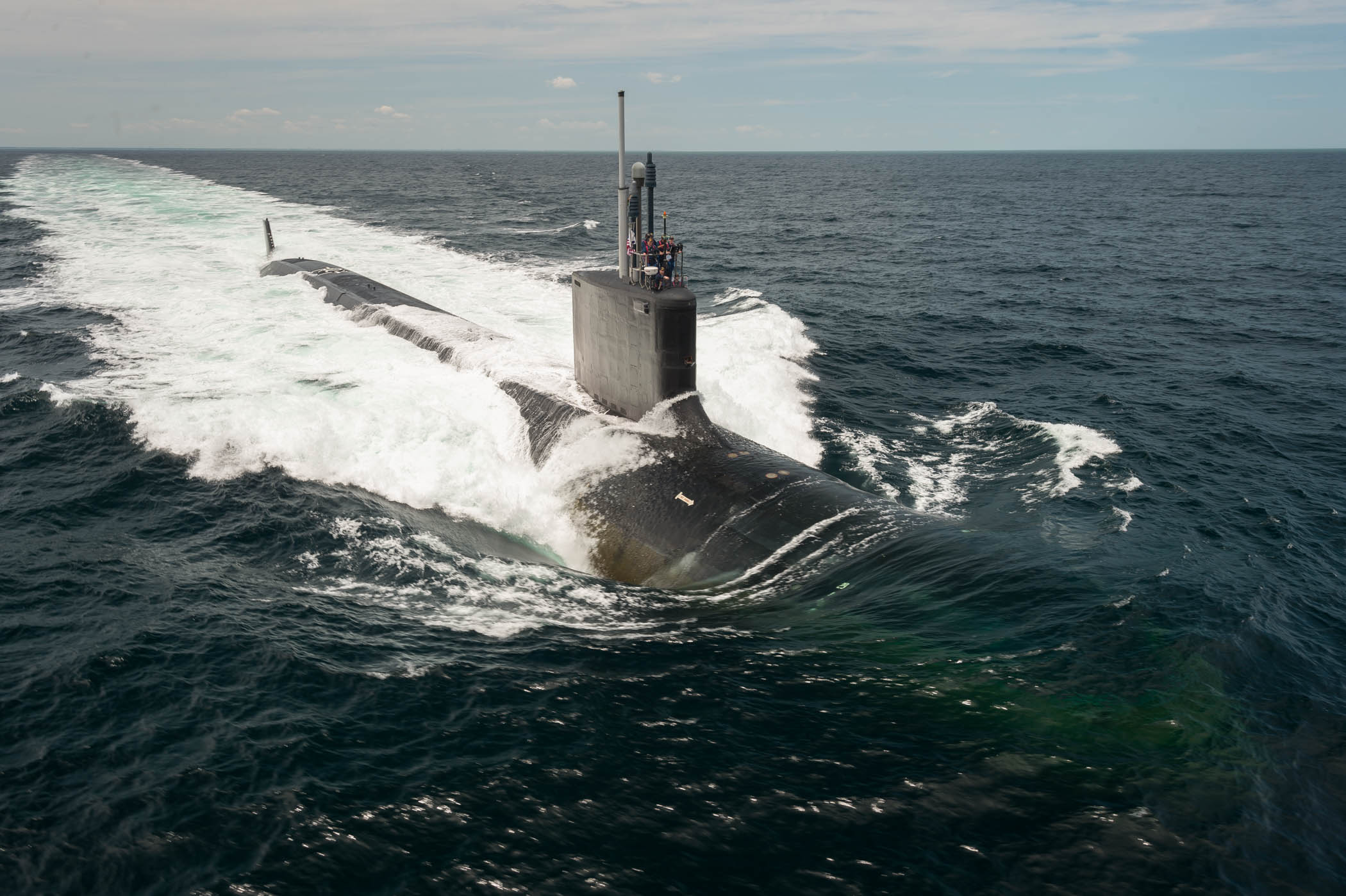 Pre-Commissioning Unit (PCU) John Warner (SSN-785) conducts sea trials in the Atlantic Ocean on June 9, 2015. US Navy Photo