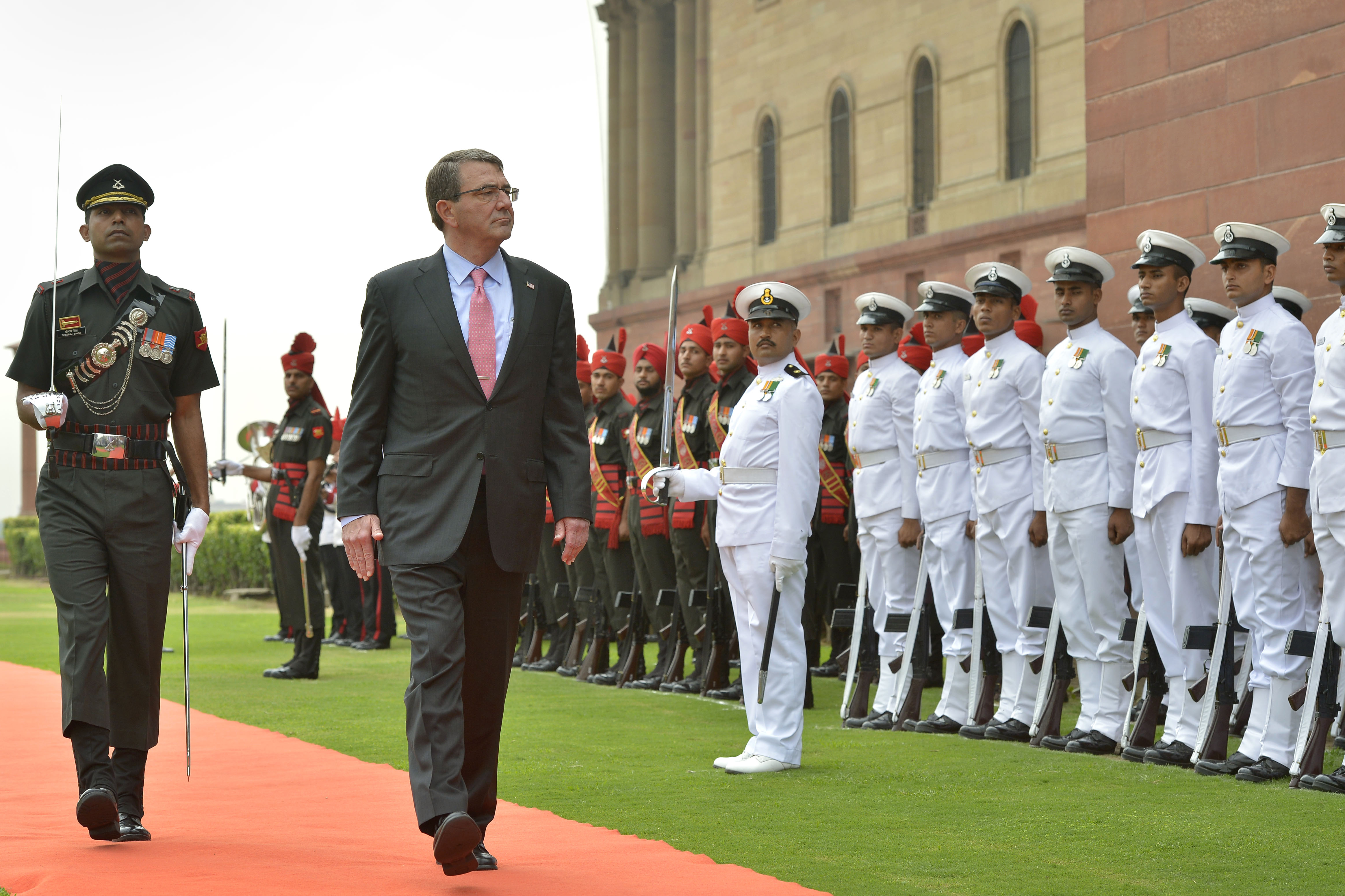 Secretary of Defense Ash Carter is welcomed with an honor cordon to India's Ministry of Defense in New Delhi, india on June 3, 2015. DoD Photo
