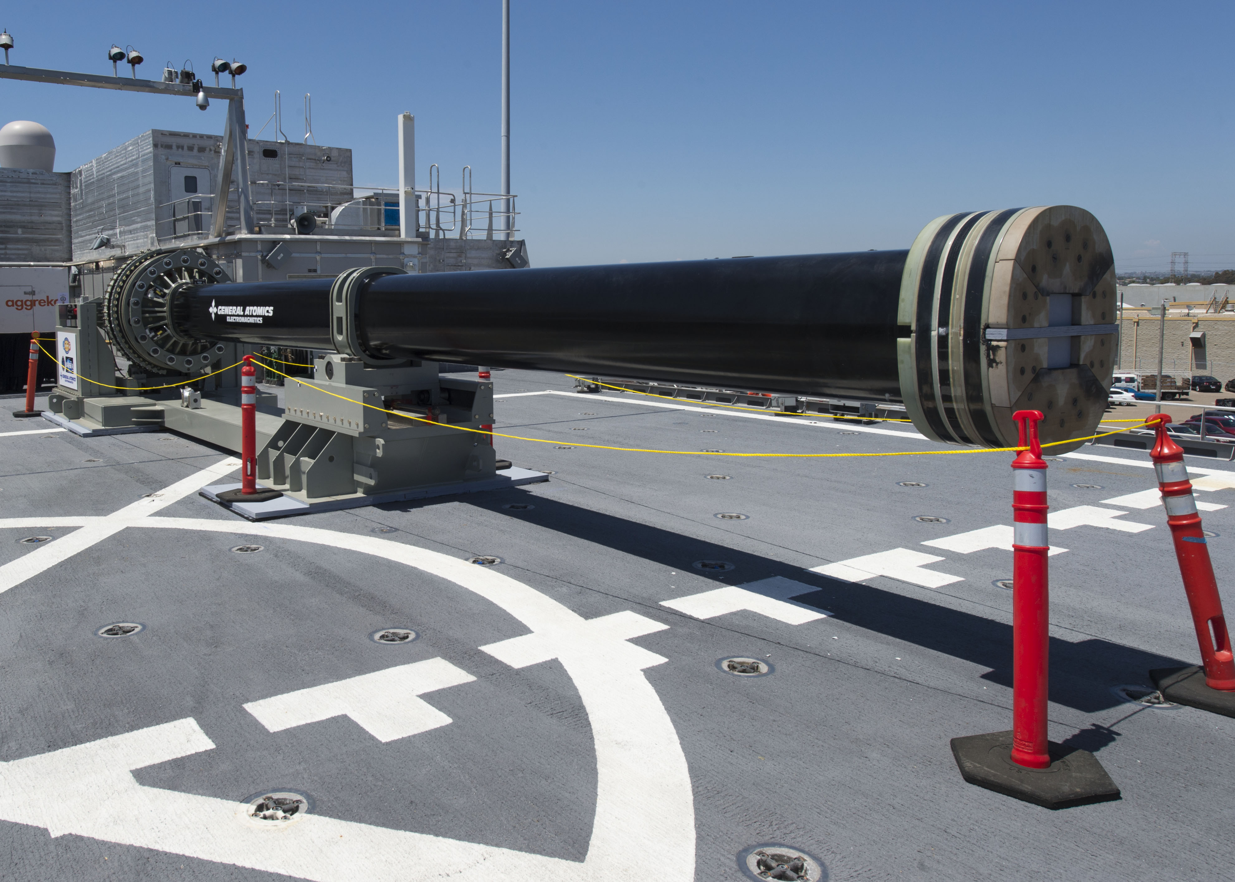 One of two electromagnetic railgun prototypes on display aboard joint high speed vessel USS Millinocket (JHSV 3) in port at Naval Base San Diego on July 8, 2014. US Navy photo.