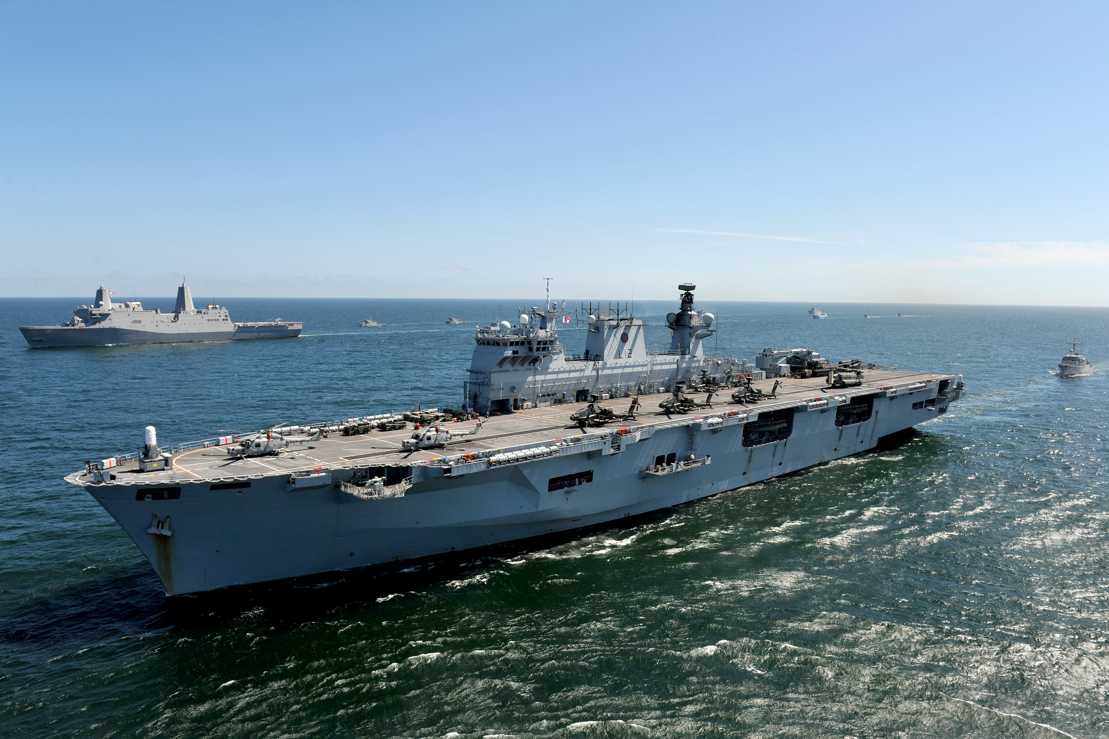 UK Royal Navy amphibious assault ship HMS Ocean (L 12) during the BALTOPS 2015 exercise operation with USS San Antonio (LPD-17). Royal Navy Photo
